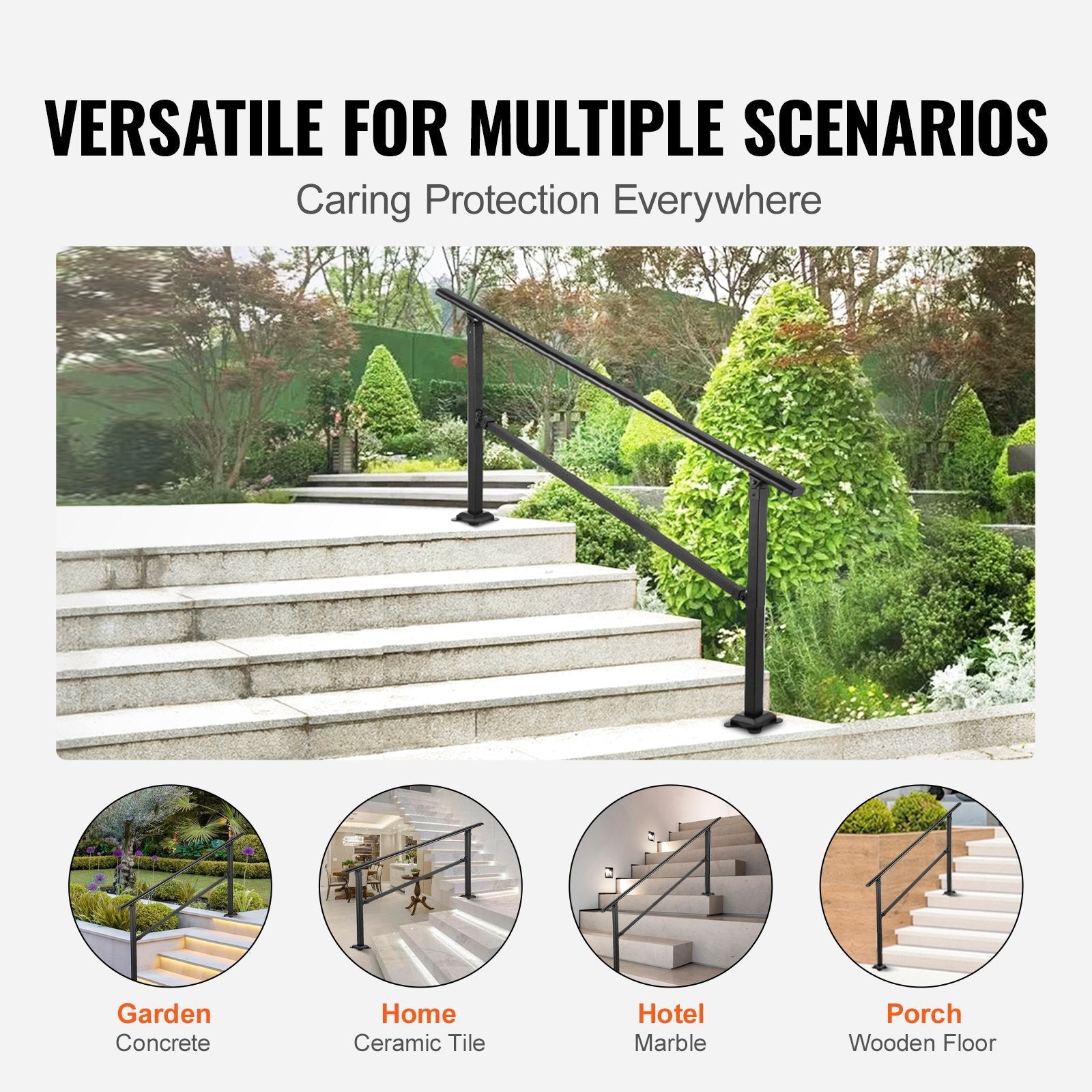 VEVOR Outdoor Stair Railing, Fits for 0-5 Steps Transitional Wrought Iron Handrail, Adjustable Exterior Stair Railing, Handrails for Concrete Steps with Installation Kit, Matte Black Outdoor Handrail 