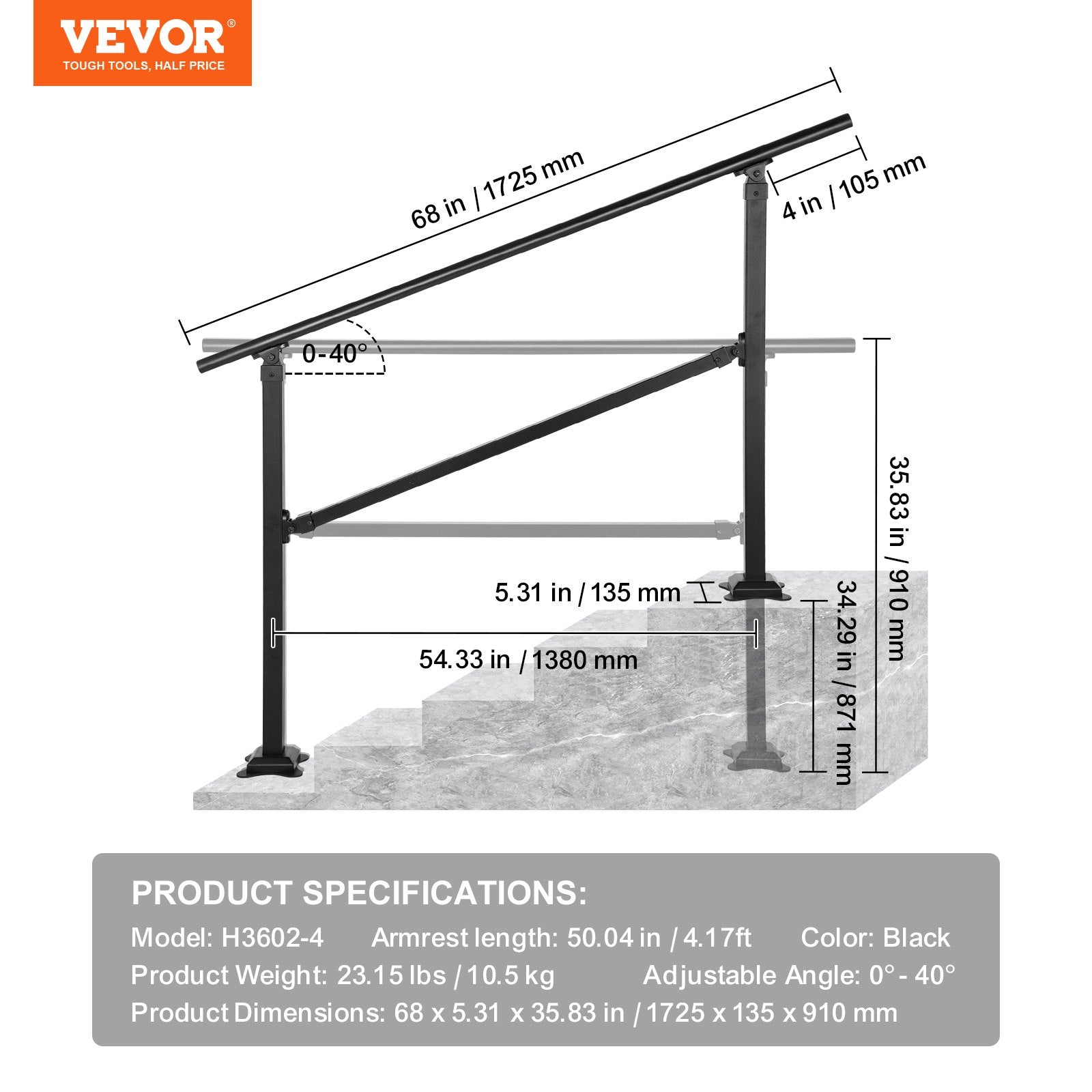 VEVOR Outdoor Stair Railing, Fits for 0-5 Steps Transitional Wrought Iron Handrail, Adjustable Exterior Stair Railing, Handrails for Concrete Steps with Installation Kit, Matte Black Outdoor Handrail 