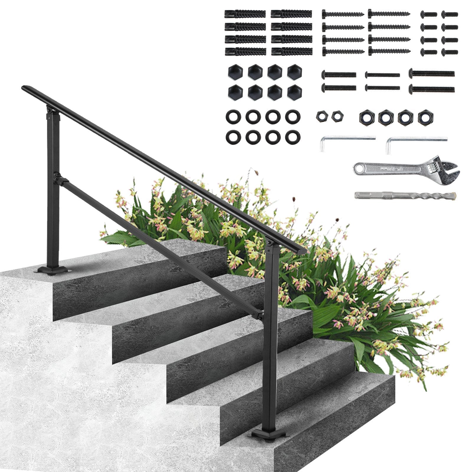 VEVOR Outdoor Stair Railing, Fits for 0-5 Steps Transitional Wrought Iron Handrail, Adjustable Exterior Stair Railing, Handrails for Concrete Steps with Installation Kit, Matte Black Outdoor Handrail 
