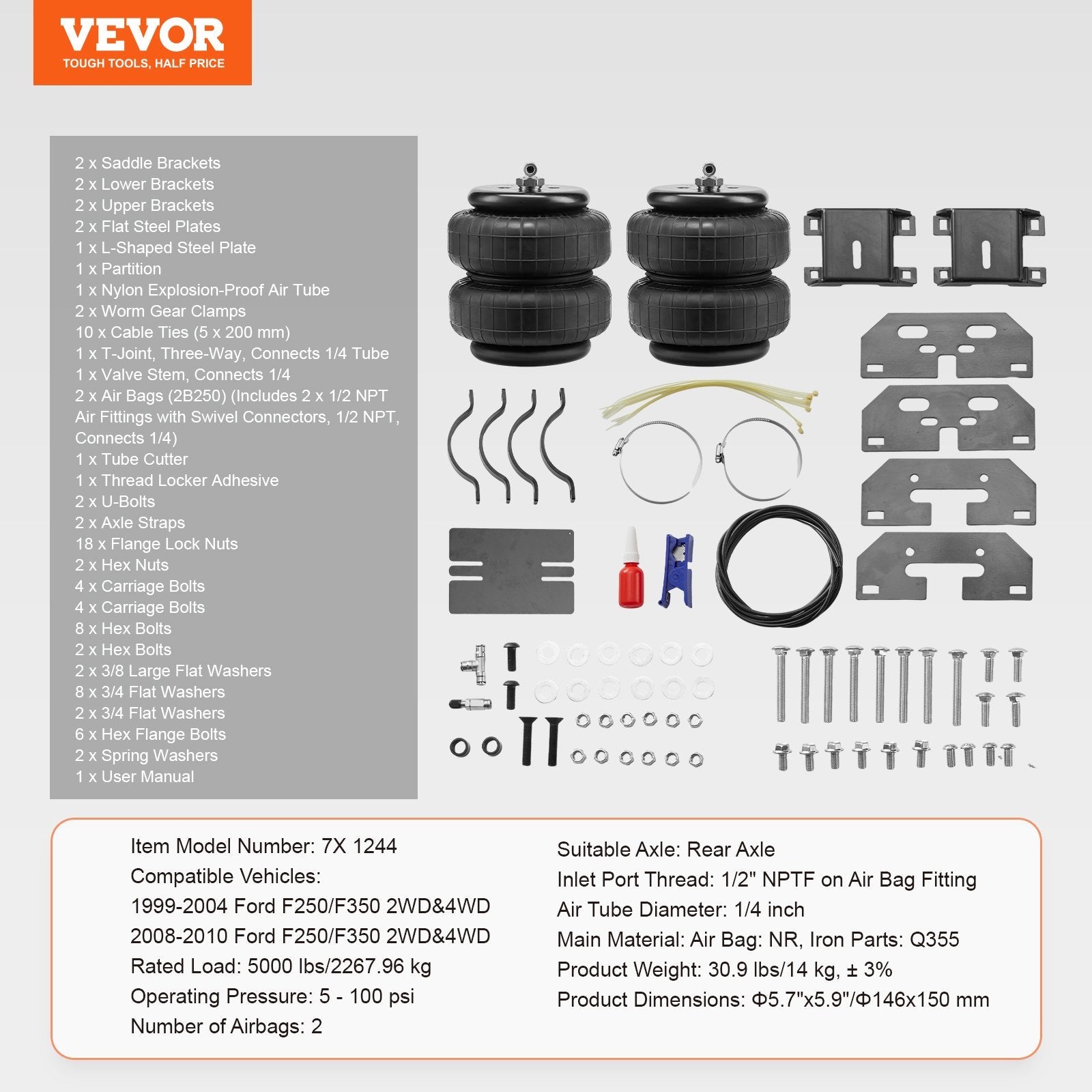 VEVOR Air Bag Suspension Kit, Air Springs Suspension Bag Kit Compatible with 1999-2004 Ford F250/F350 2WD 4WD, 2008-2010 Ford F250/F350 2WD 4WD, 5000 lbs Loading, 5 to 100 PSI 