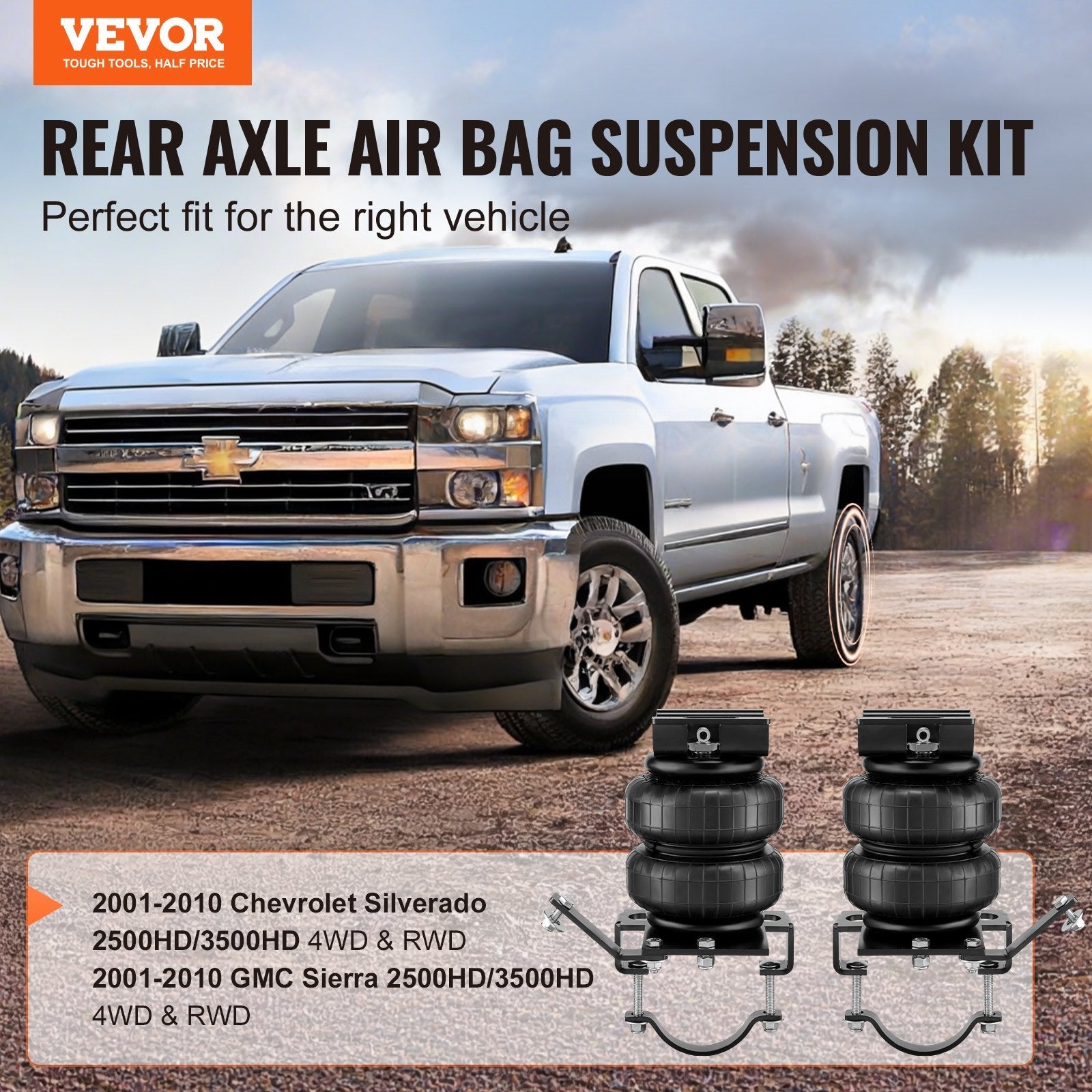 VEVOR Air Bag Suspension Kit, Air Springs Suspension Bag Kit Compatible with 2001-2010 Chevrolet Silverado 2500/3500HD and GMC Sierra 2500/3500HD 4WD RWD, 5000 lbs Loading, 5 to 100 PSI 