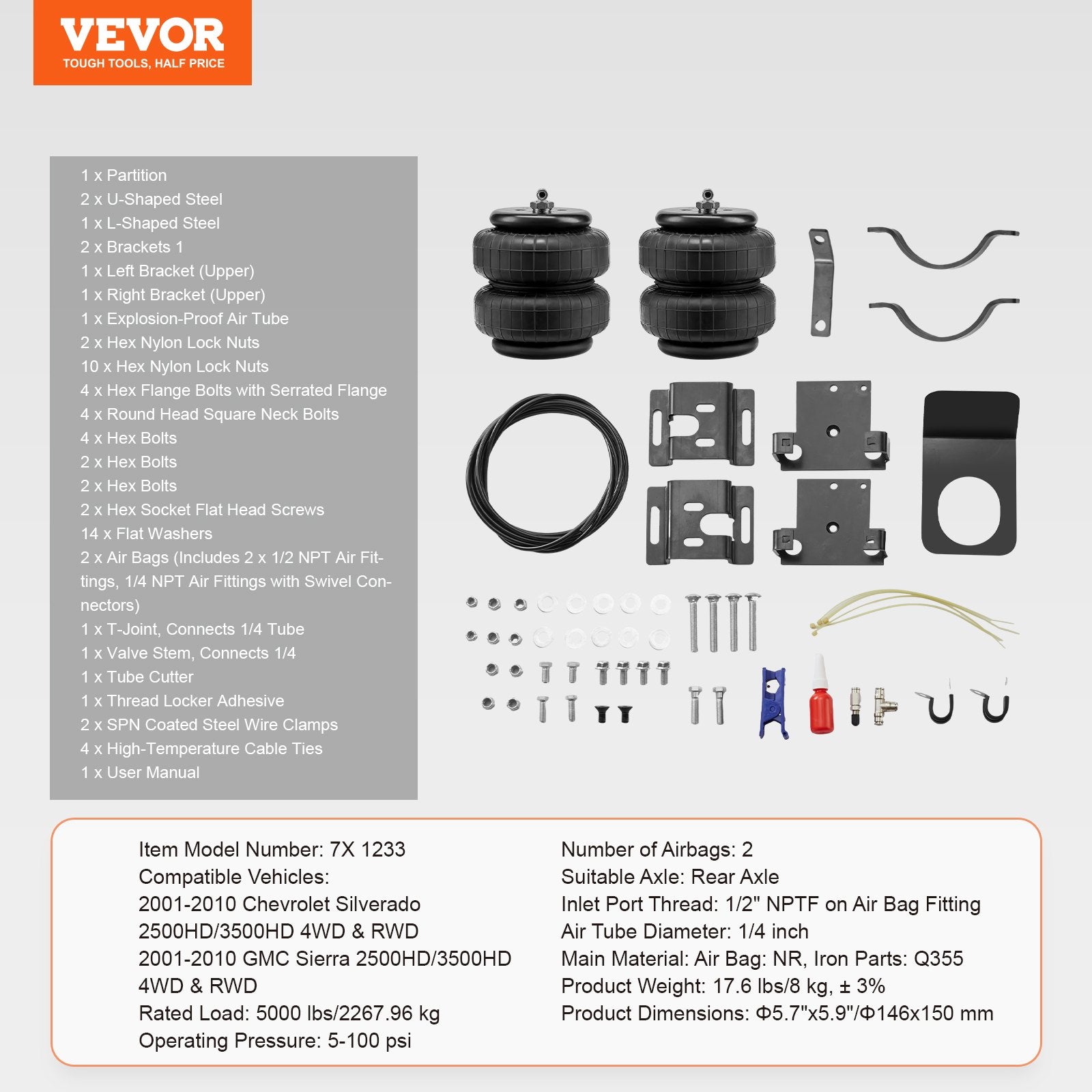 VEVOR Air Bag Suspension Kit, Air Springs Suspension Bag Kit Compatible with 2001-2010 Chevrolet Silverado 2500/3500HD and GMC Sierra 2500/3500HD 4WD RWD, 5000 lbs Loading, 5 to 100 PSI 