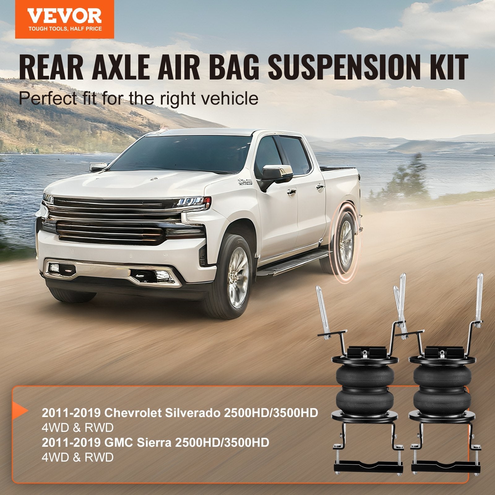 VEVOR Air Bag Suspension Kit, Air Springs Suspension Bag Kit Compatible with 2011-2019 Chevrolet Silverado 2500/3500HD and GMC Sierra 2500/3500HD 4WD RWD, 5000 lbs Loading, 5 to 100 PSI 