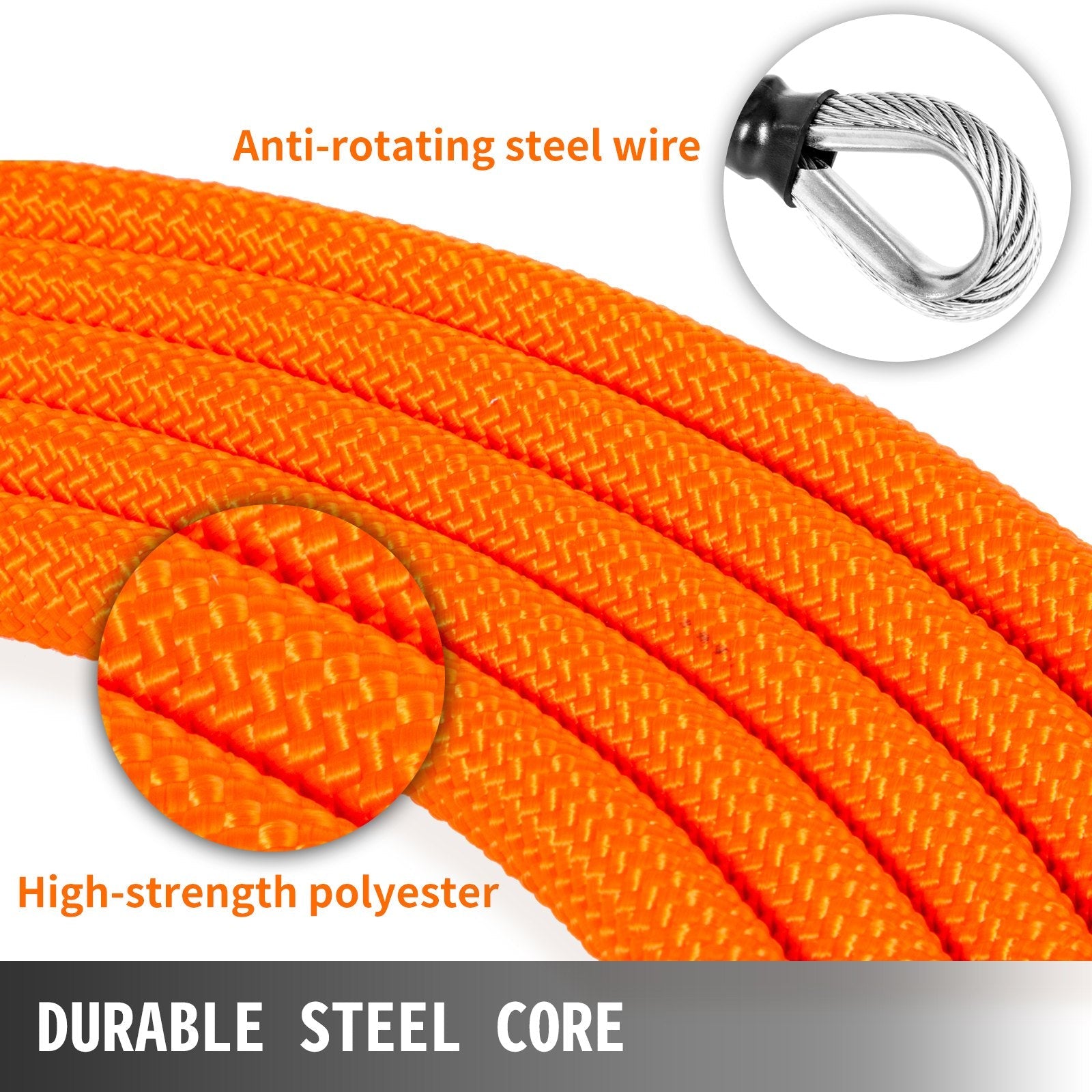 VEVOR Flip Line 5/8 Inch, Wire Core Flipline 8 ft, Wire Core Flip Line Kit with Triple Lock Carabiner Adjuster, Steel Swivel Snap, Climbing Flipline for Fall Protection, Arborist, Tree Climbers 