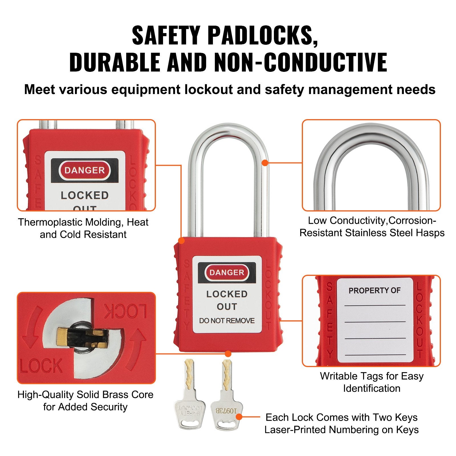 VEVOR Lockout Tagout Locks Set, 10 PCS Red Safety Lockout Padlocks, with 2 Keys Per Lock, OSHA Compliant Lockout Locks, Lock Out Tag Out Safety Padlocks for Electrical Lockout Tag Out Kits 
