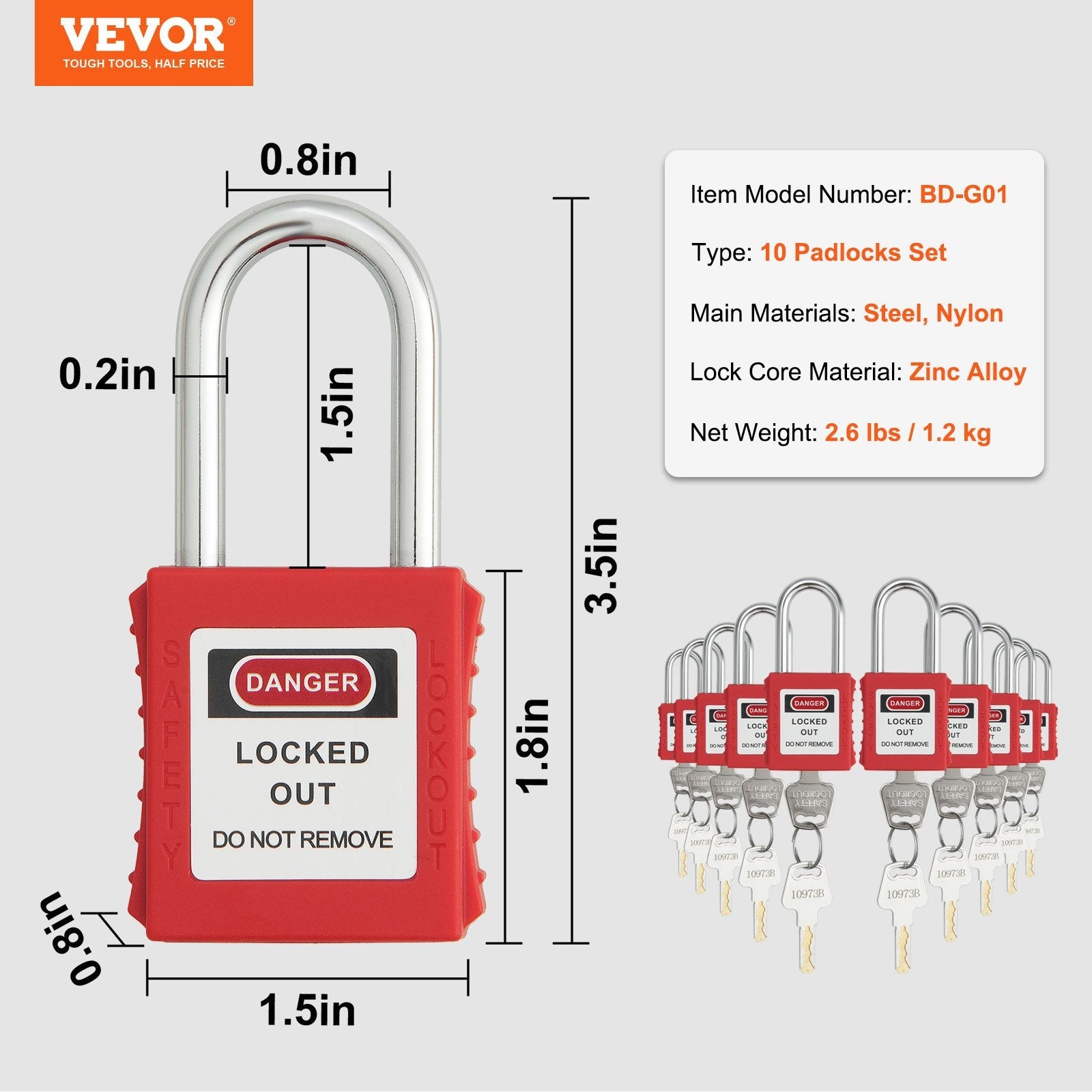VEVOR Lockout Tagout Locks Set, 10 PCS Red Safety Lockout Padlocks, with 2 Keys Per Lock, OSHA Compliant Lockout Locks, Lock Out Tag Out Safety Padlocks for Electrical Lockout Tag Out Kits 