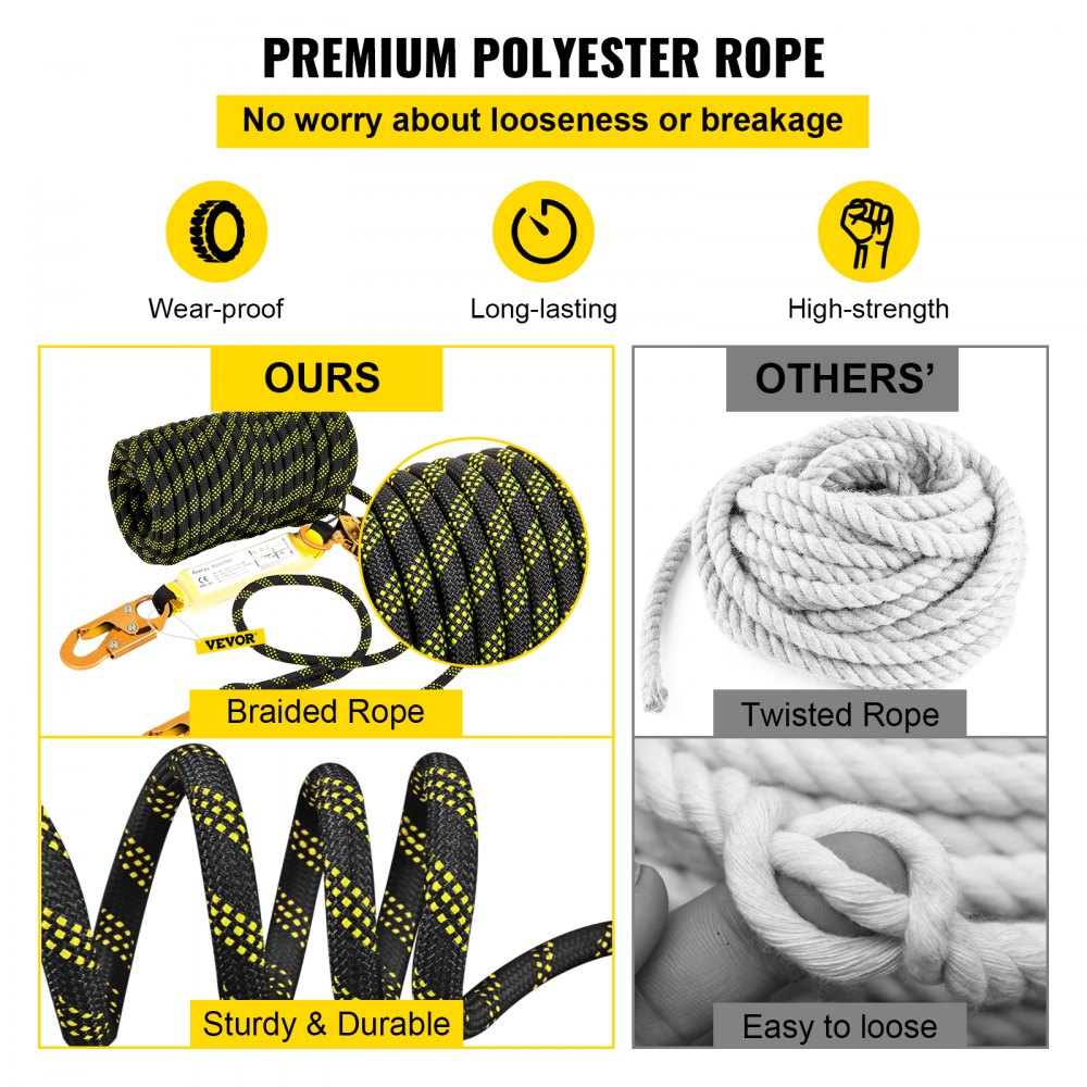 VEVOR Vertical Lifeline Assembly, 150 ft Fall Protection Rope, Polyester Roofing Rope, CE Compliant Fall Arrest Protection Equipment with Alloy Steel Rope Grab, Two Snap Hooks, Shock Absorber 