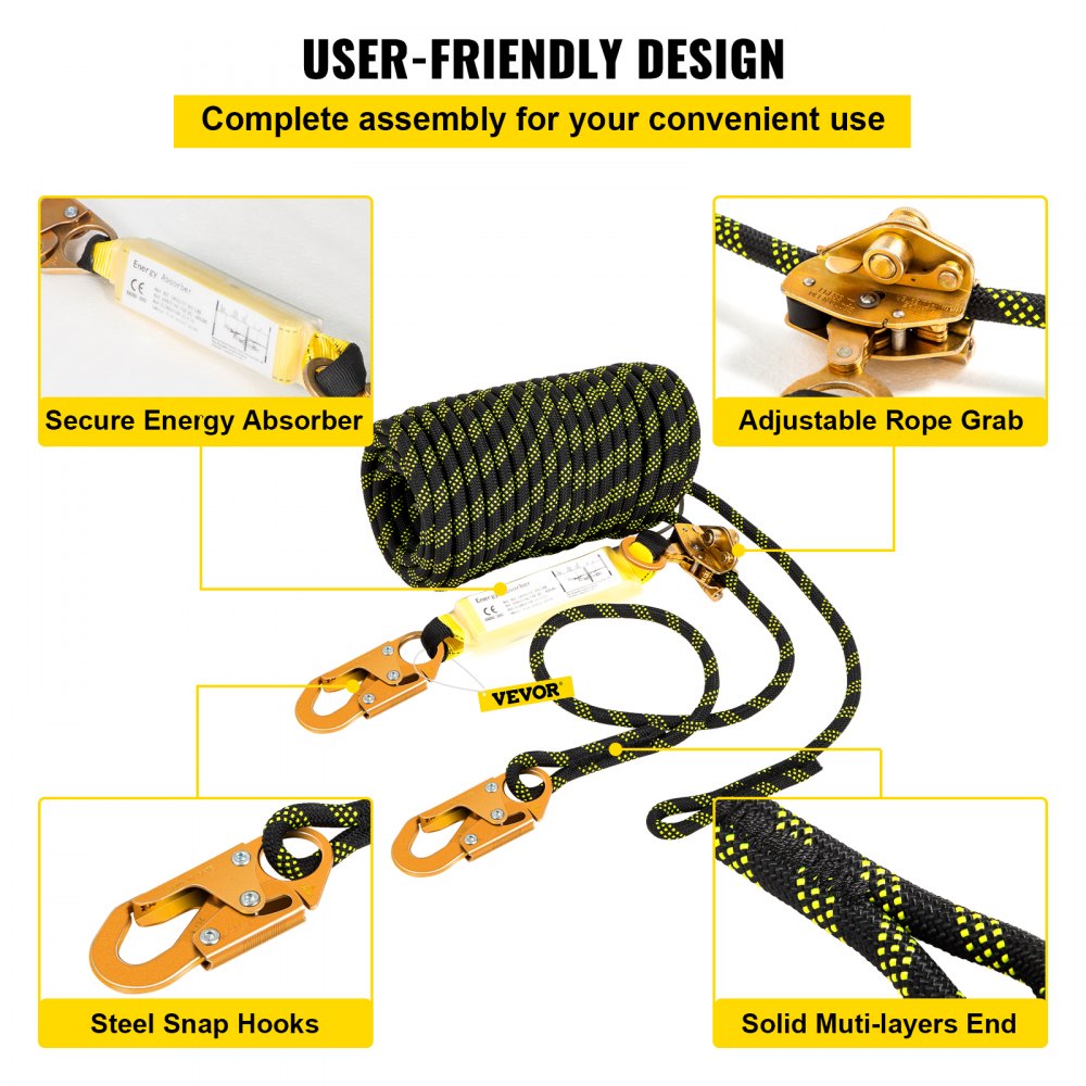 VEVOR Vertical Lifeline Assembly, 150 ft Fall Protection Rope, Polyester Roofing Rope, CE Compliant Fall Arrest Protection Equipment with Alloy Steel Rope Grab, Two Snap Hooks, Shock Absorber 