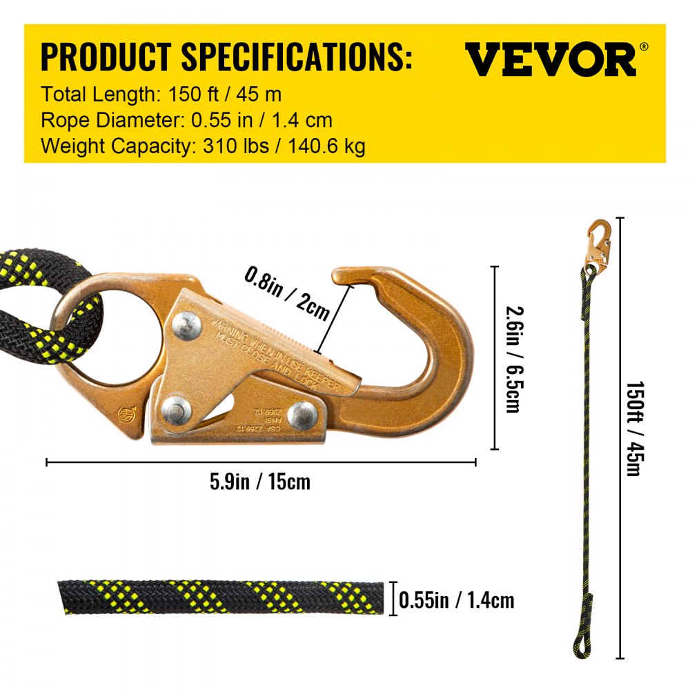 VEVOR Vertical Lifeline Assembly, 150 ft Fall Protection Rope, Polyester Roofing Rope, CE Compliant Fall Arrest Protection Equipment with Alloy Steel Rope Grab, Two Snap Hooks, Shock Absorber 