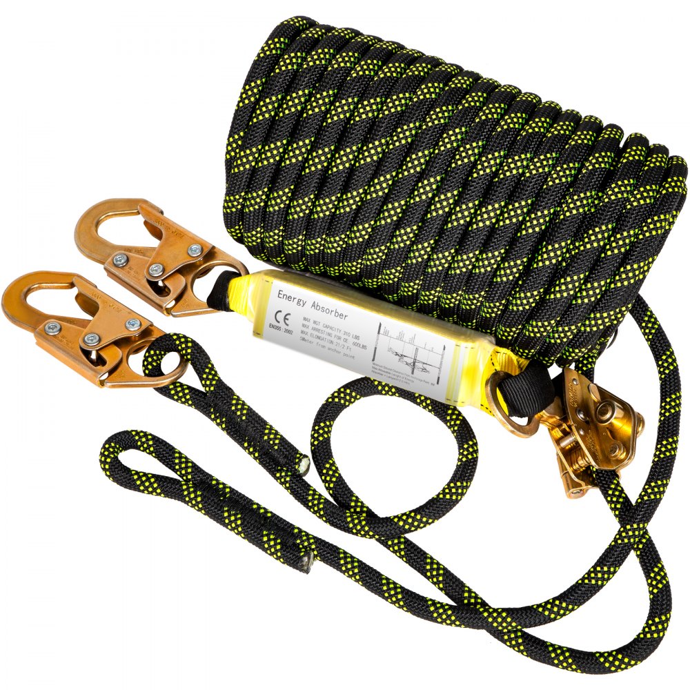 VEVOR Vertical Lifeline Assembly, 150 ft Fall Protection Rope, Polyester Roofing Rope, CE Compliant Fall Arrest Protection Equipment with Alloy Steel Rope Grab, Two Snap Hooks, Shock Absorber 