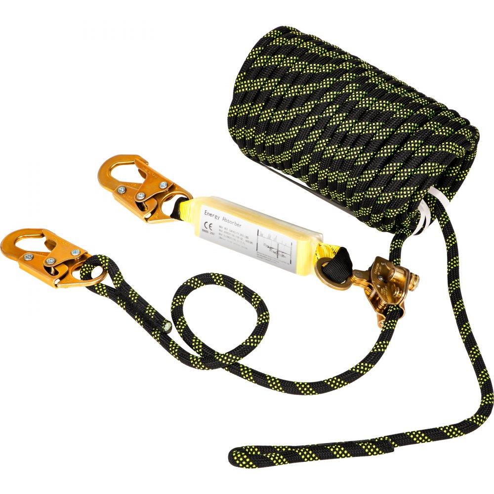 VEVOR Vertical Lifeline Assembly, 150 ft Fall Protection Rope, Polyester Roofing Rope, CE Compliant Fall Arrest Protection Equipment with Alloy Steel Rope Grab, Two Snap Hooks, Shock Absorber 