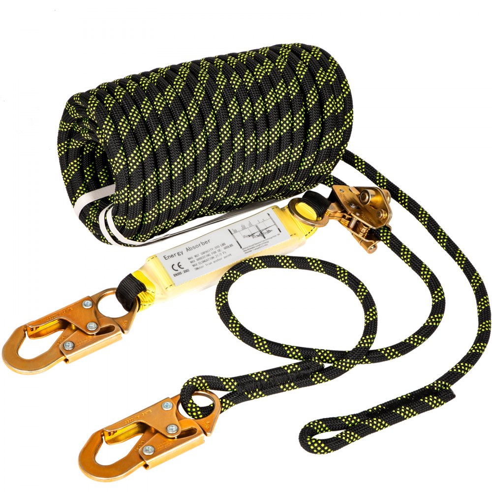 VEVOR Vertical Lifeline Assembly, 150 ft Fall Protection Rope, Polyester Roofing Rope, CE Compliant Fall Arrest Protection Equipment with Alloy Steel Rope Grab, Two Snap Hooks, Shock Absorber 