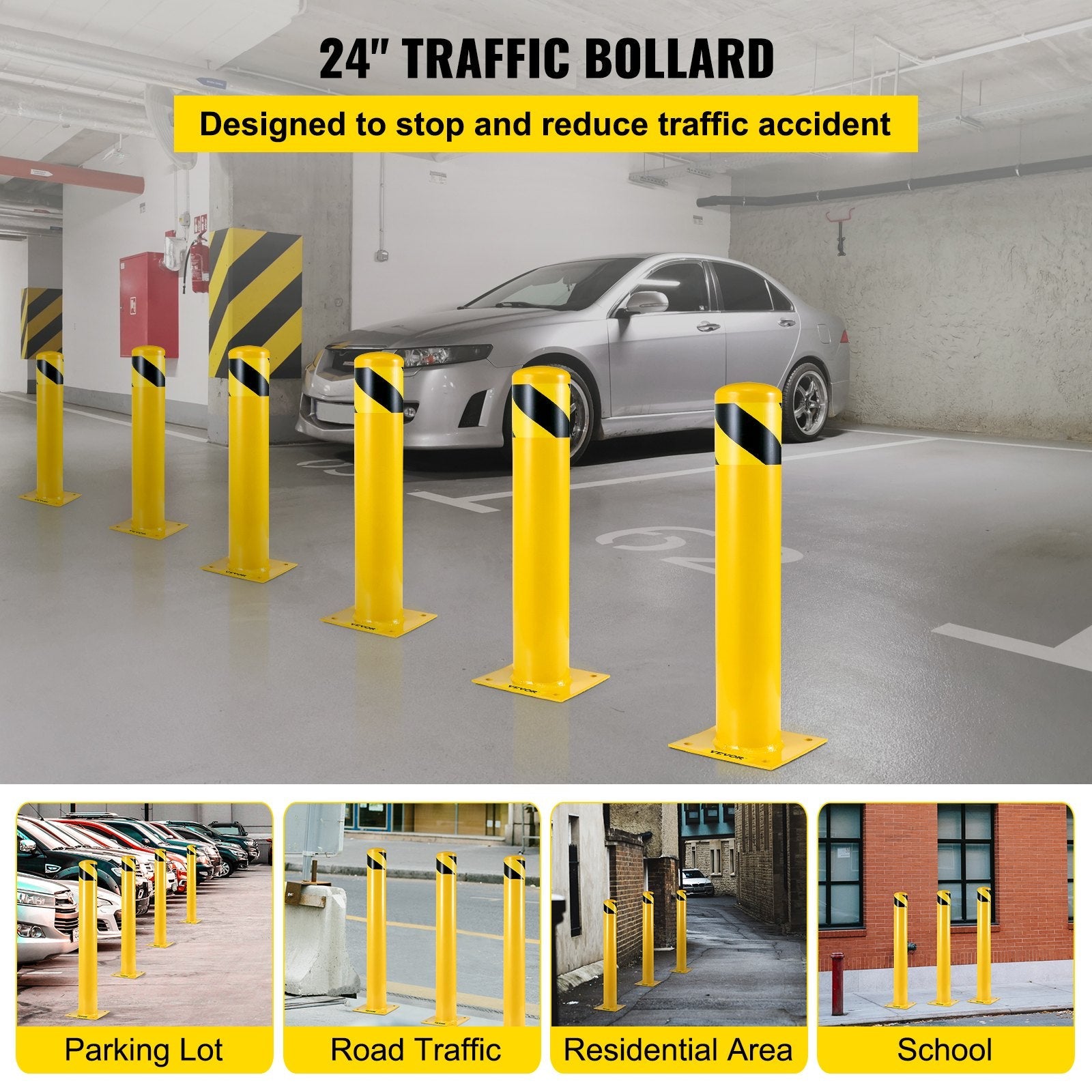 VEVOR Safety Bollard 42-4.5 Safety Barrier Bollard 4-1/2" OD 42" Height Yellow Powder Coat Pipe Steel Safety Barrier with 4 Free Anchor Bolts for Traffic-Sensitive Area 