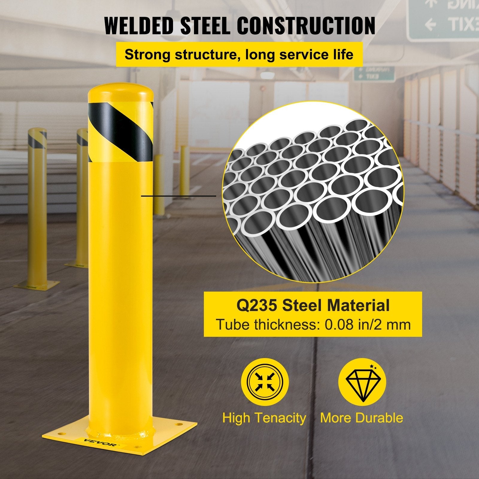 VEVOR Safety Bollard 42-4.5 Safety Barrier Bollard 4-1/2" OD 42" Height Yellow Powder Coat Pipe Steel Safety Barrier with 4 Free Anchor Bolts for Traffic-Sensitive Area 