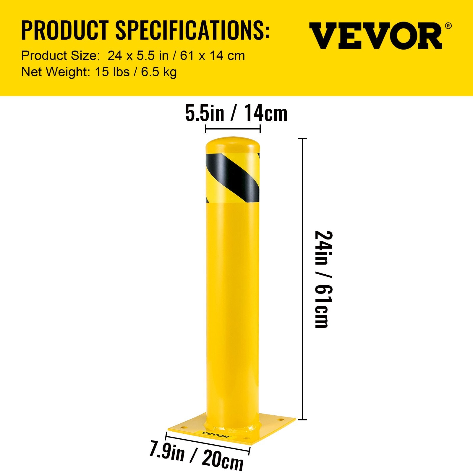 VEVOR Safety Bollard 24-5.5 Safety Barrier Bollard 5-1/2" OD 24" Height Yellow Powder Coat Pipe Steel Safety Barrier with 4 Free Anchor Bolts for Traffic-Sensitive Area 