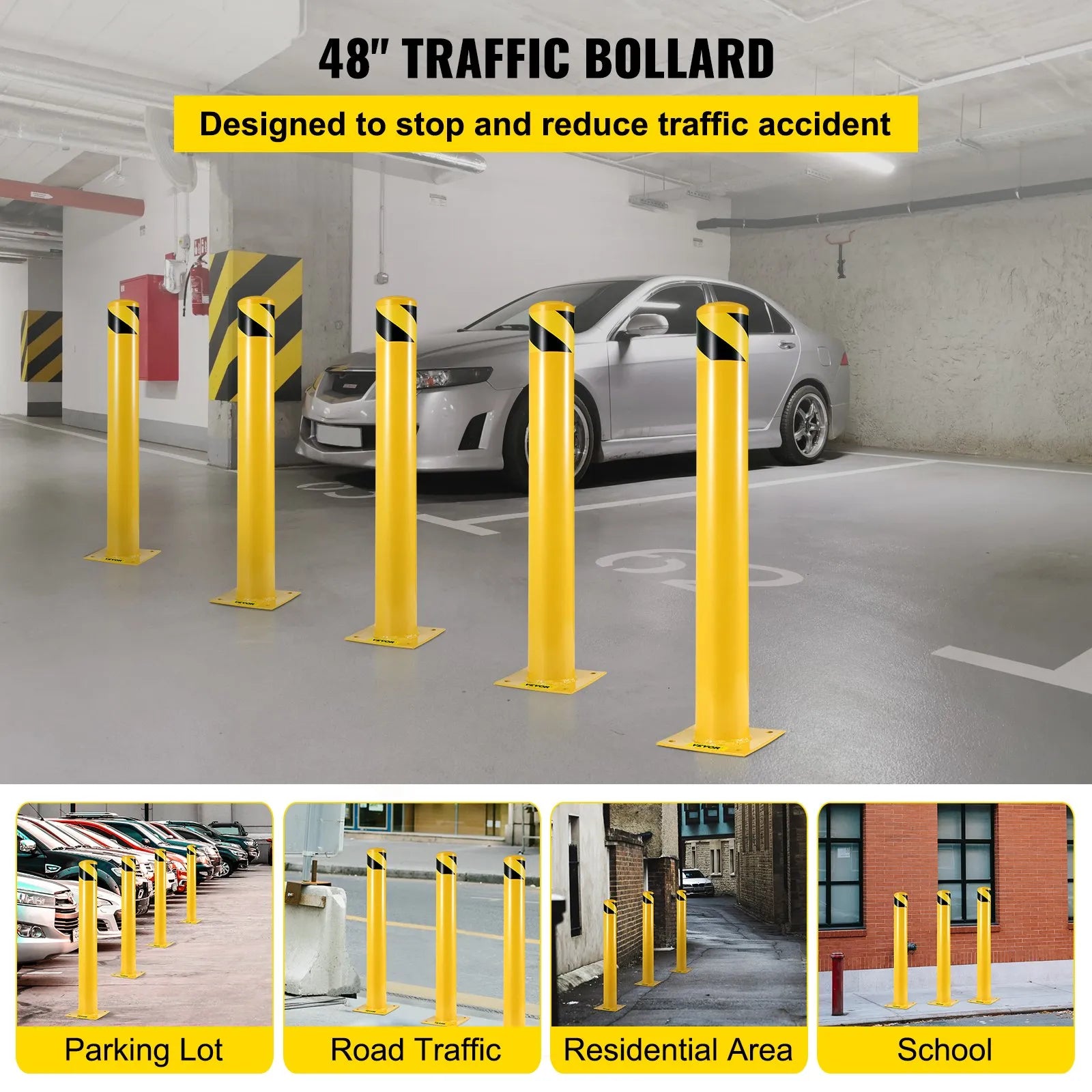 VEVOR Safety Bollard 48-5.5, Safety Barrier Bollard 5-1/2\" OD 48\" Height, Yellow Powder Coat Pipe Steel Safety Barrier, with 4 Free Anchor Bolts, for Traffic-Sensitive Area