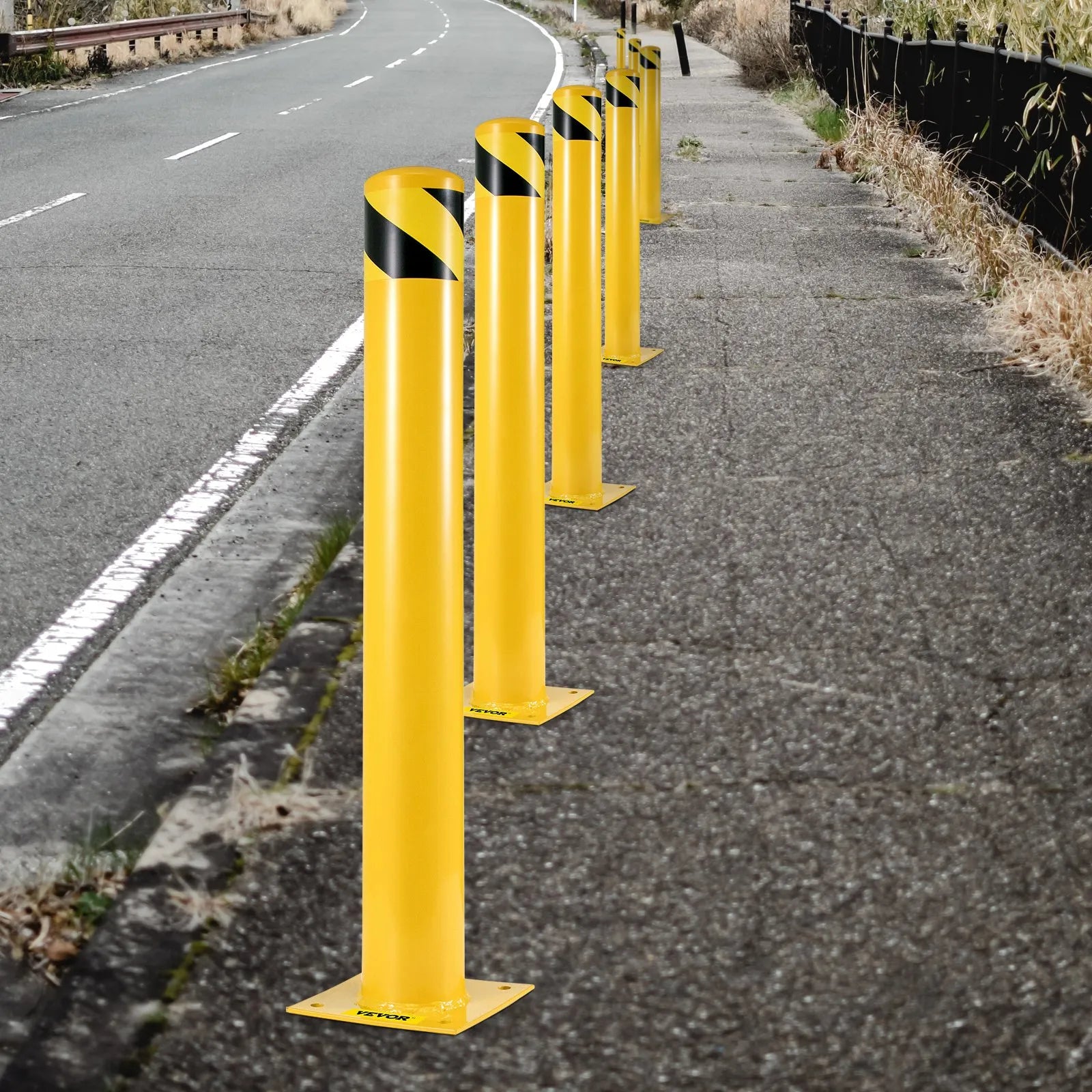 VEVOR Safety Bollard 48-5.5, Safety Barrier Bollard 5-1/2\" OD 48\" Height, Yellow Powder Coat Pipe Steel Safety Barrier, with 4 Free Anchor Bolts, for Traffic-Sensitive Area