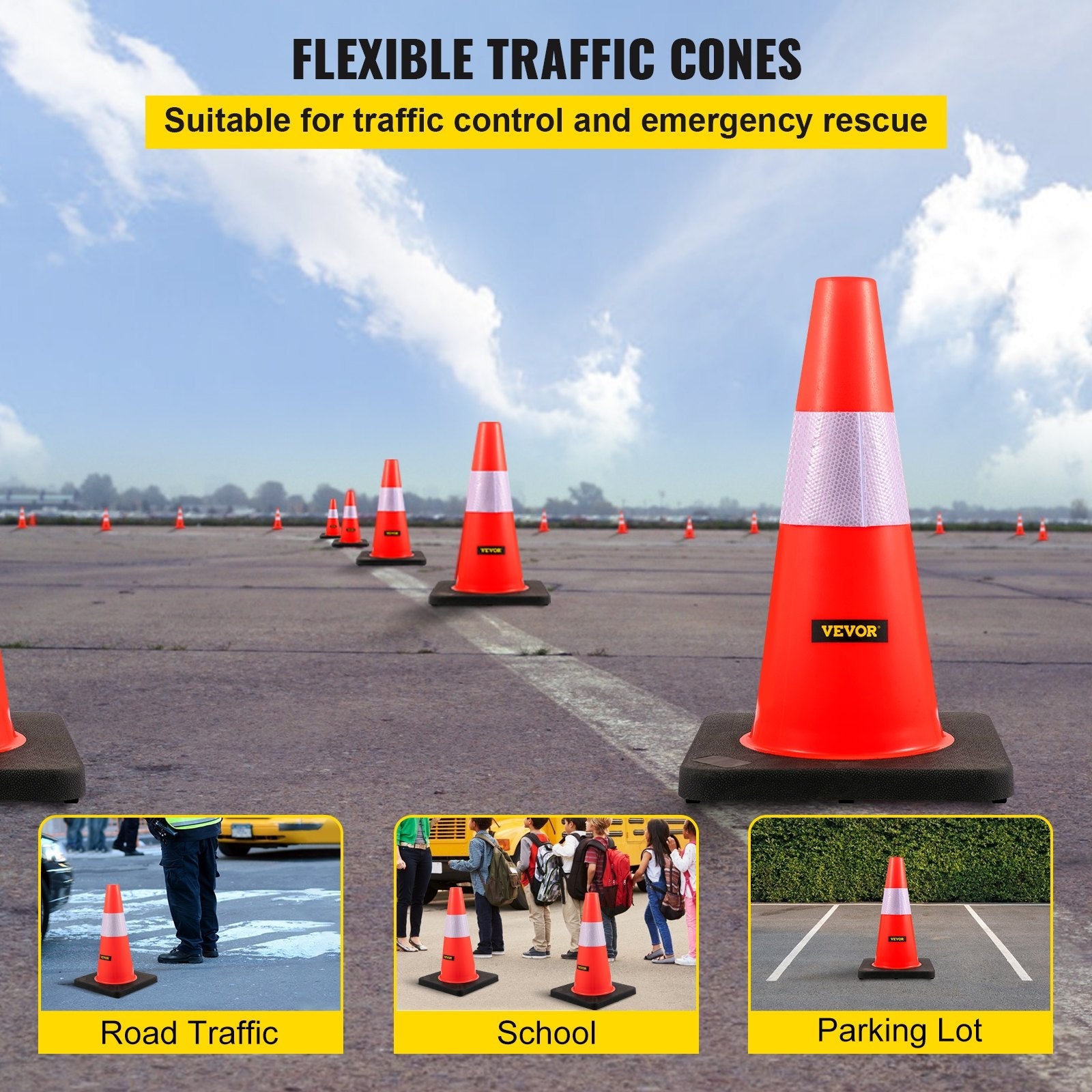 VEVOR Safety Cones, 18 in/45 cm Height, 5 PCS PVC Orange Traffic Cone with Reflective Collar and Black Weighted Base, Used for Traffic Control, Driveway Road Parking and School Improvement 