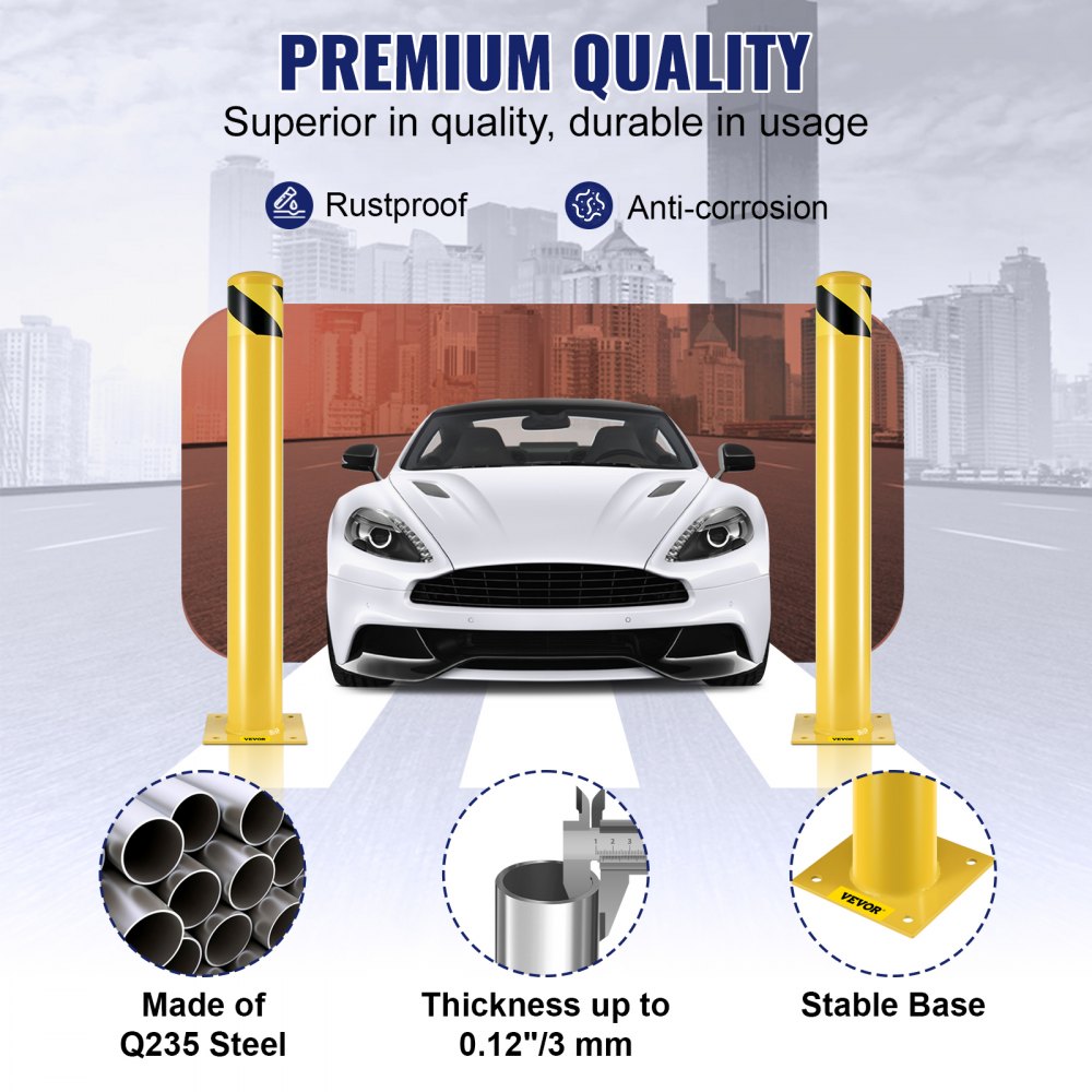 VEVOR Safety Bollard, 36 Inch Height Bollard Post, 4.5 Inch Diameter Steel Pipe Safety Bollard Post, Yellow Steel Bollard, Steel Safety Bollard with 8 Anchor Bolts, Perfect for Traffic-Sensitive Area 