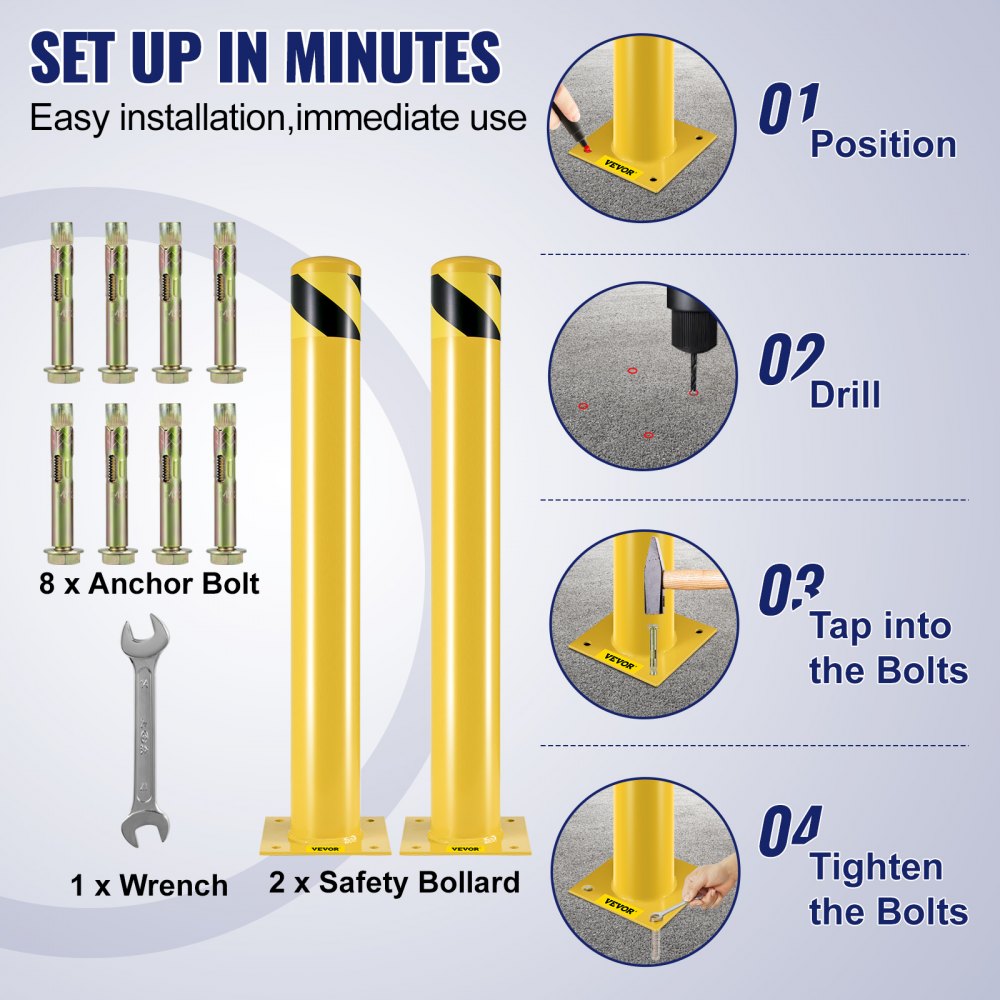 VEVOR Safety Bollard, 36 Inch Height Bollard Post, 4.5 Inch Diameter Steel Pipe Safety Bollard Post, Yellow Steel Bollard, Steel Safety Bollard with 8 Anchor Bolts, Perfect for Traffic-Sensitive Area 