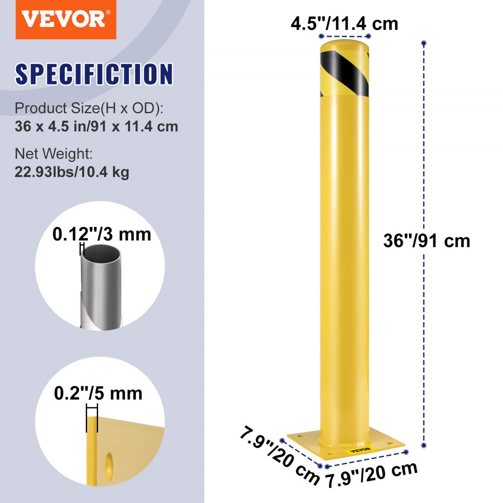 VEVOR Safety Bollard, 36 Inch Height Bollard Post, 4.5 Inch Diameter Steel Pipe Safety Bollard Post, Yellow Steel Bollard, Steel Safety Bollard with 8 Anchor Bolts, Perfect for Traffic-Sensitive Area 