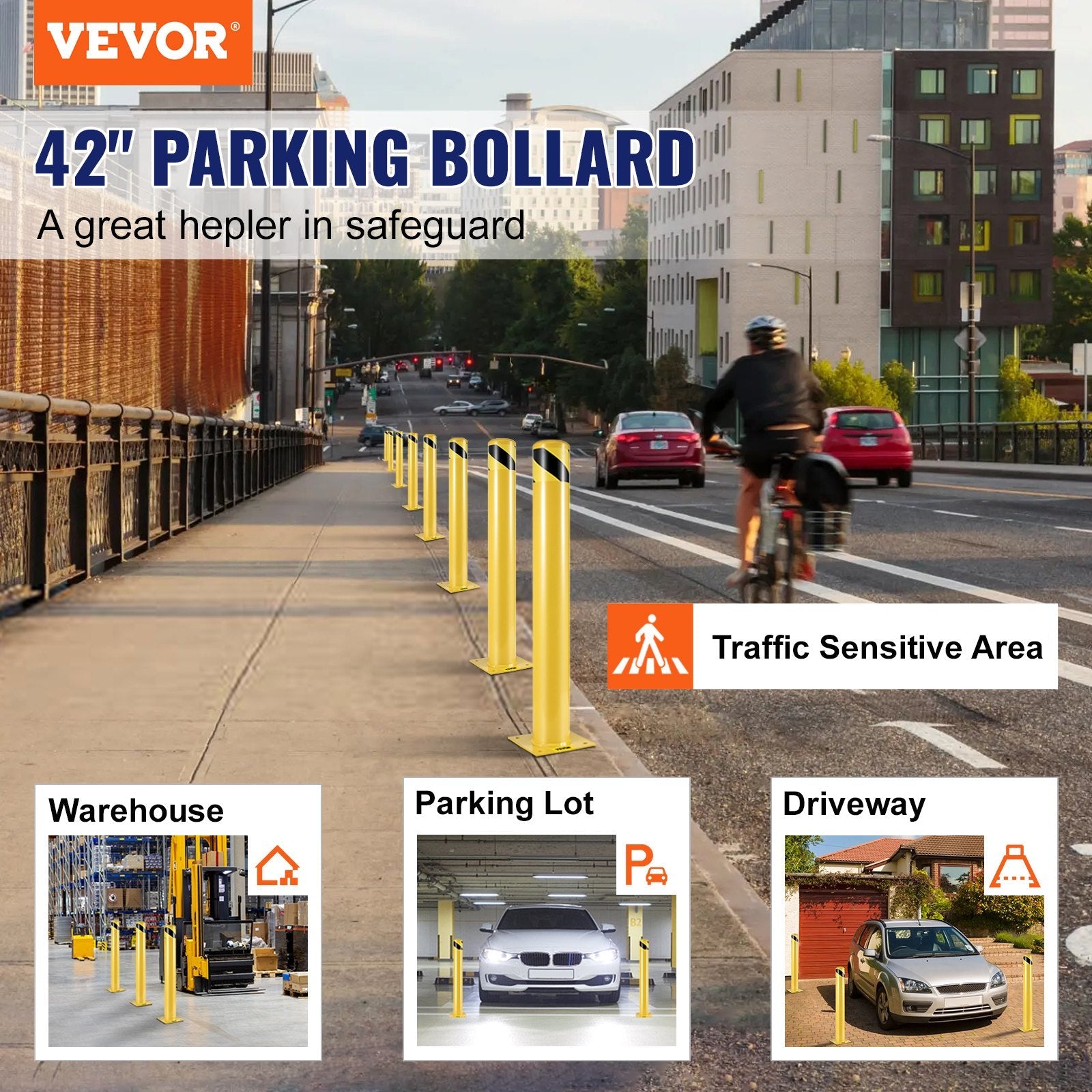 VEVOR Safety Bollard Steel Bollard Post Yellow Pipe Steel Barrier 42 