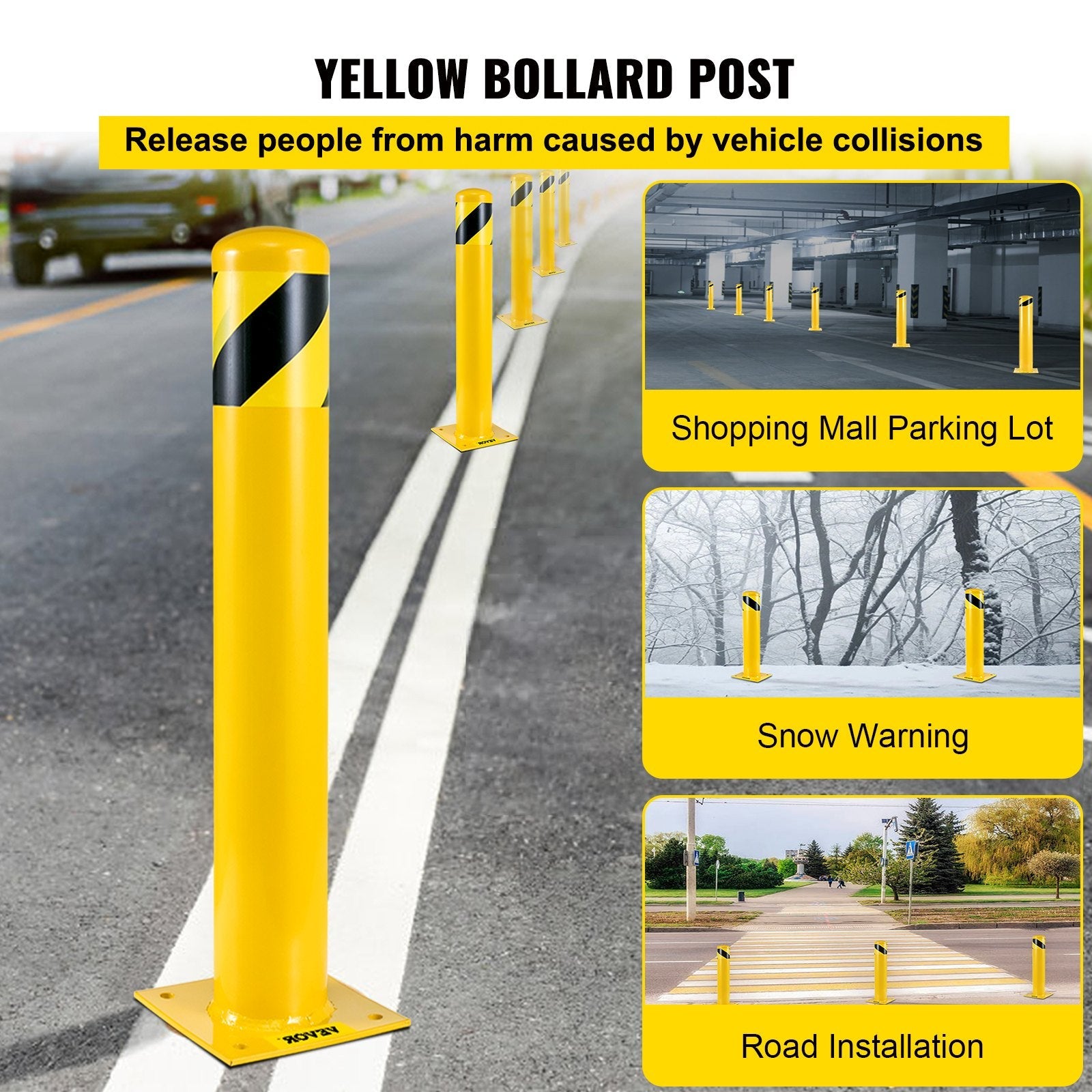 VEVOR Safety Bollard, 48 Inch Height Bollard Post, 5.5 Inch Diameter Steel Pipe Safety Bollard Post, Yellow Steel Bollard, Steel Safety Bollard with 8 Anchor Bolts, Perfect for Traffic-Sensitive Area 