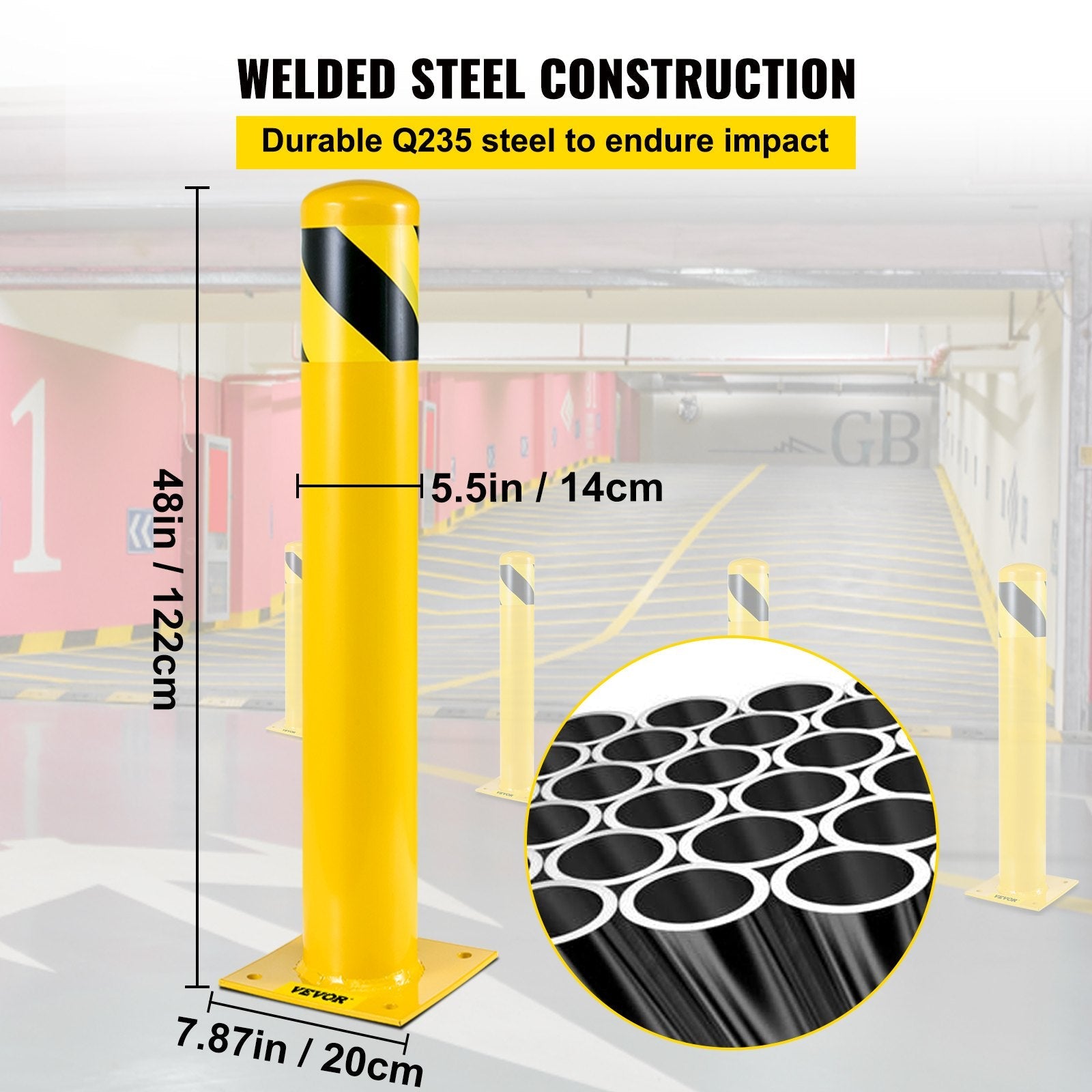 VEVOR Safety Bollard, 48 Inch Height Bollard Post, 5.5 Inch Diameter Steel Pipe Safety Bollard Post, Yellow Steel Bollard, Steel Safety Bollard with 8 Anchor Bolts, Perfect for Traffic-Sensitive Area 