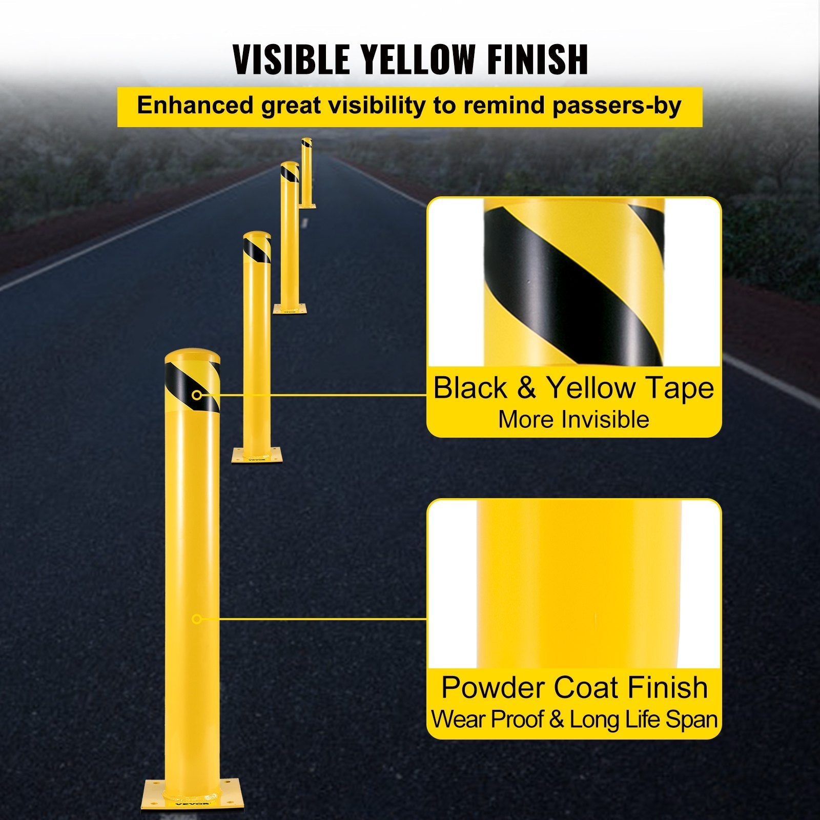 VEVOR Safety Bollard, 48 Inch Height Bollard Post, 5.5 Inch Diameter Steel Pipe Safety Bollard Post, Yellow Steel Bollard, Steel Safety Bollard with 8 Anchor Bolts, Perfect for Traffic-Sensitive Area 