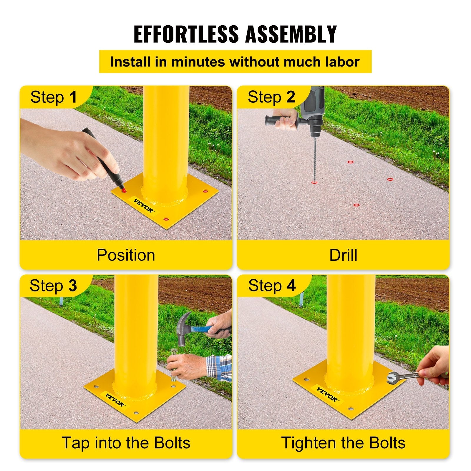 VEVOR Safety Bollard, 48 Inch Height Bollard Post, 5.5 Inch Diameter Steel Pipe Safety Bollard Post, Yellow Steel Bollard, Steel Safety Bollard with 8 Anchor Bolts, Perfect for Traffic-Sensitive Area 