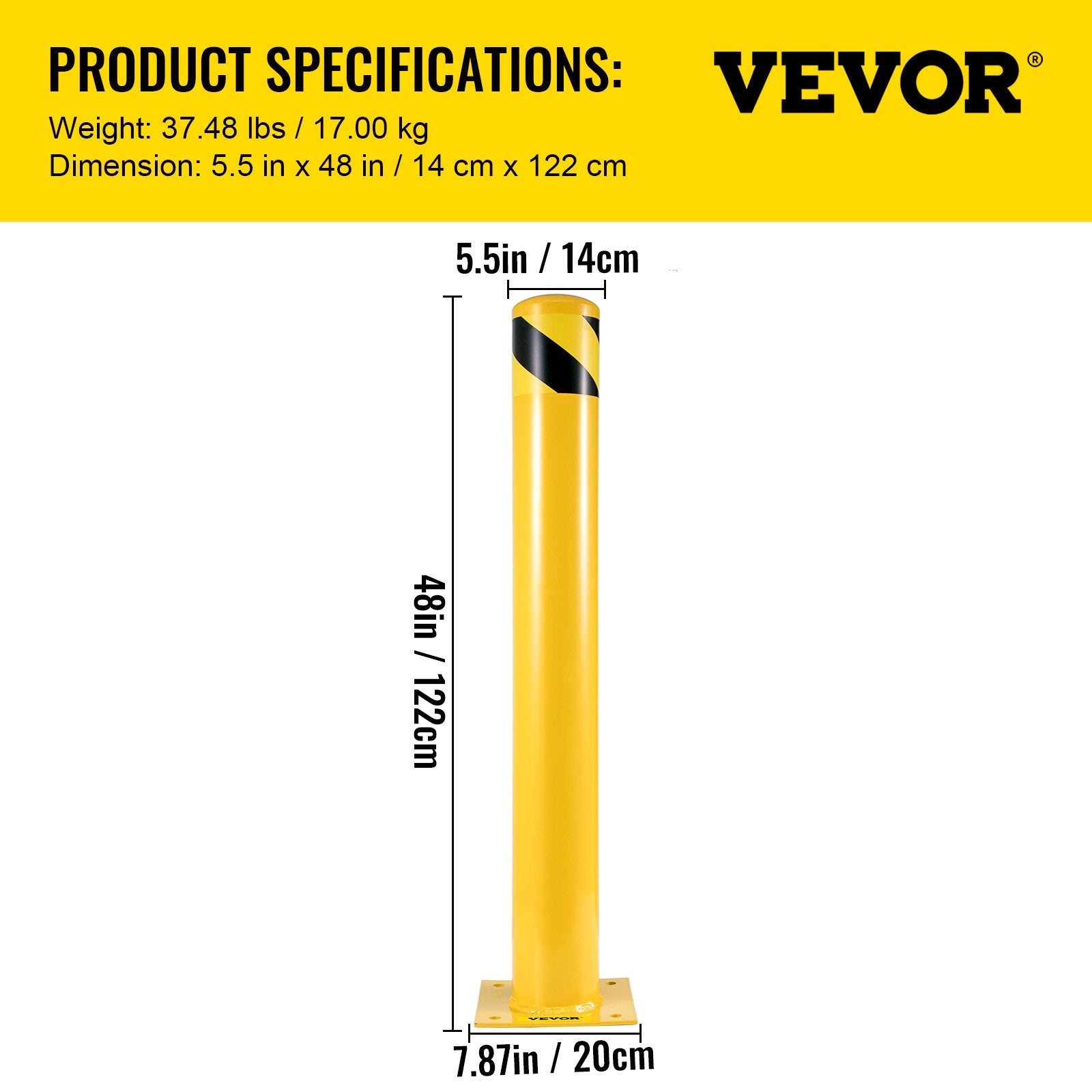VEVOR Safety Bollard, 48 Inch Height Bollard Post, 5.5 Inch Diameter Steel Pipe Safety Bollard Post, Yellow Steel Bollard, Steel Safety Bollard with 8 Anchor Bolts, Perfect for Traffic-Sensitive Area 