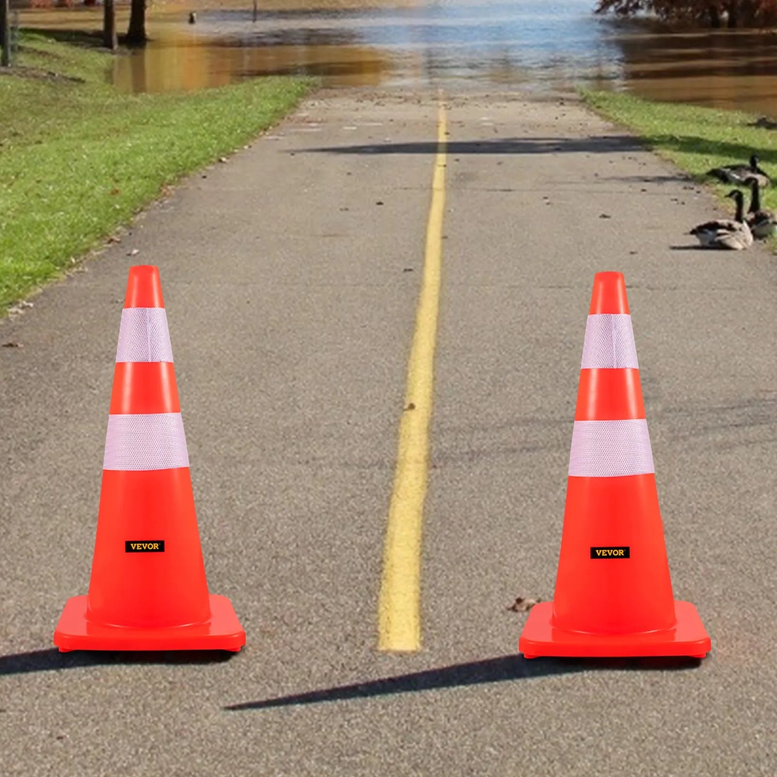 VEVOR Safety Cones, 28 in/73 cm Height, 12 PCS PVC Orange Traffic Cone with 2 Reflective Collars and Weighted Base, Used for Traffic Control, Driveway Road Parking and School Improvement