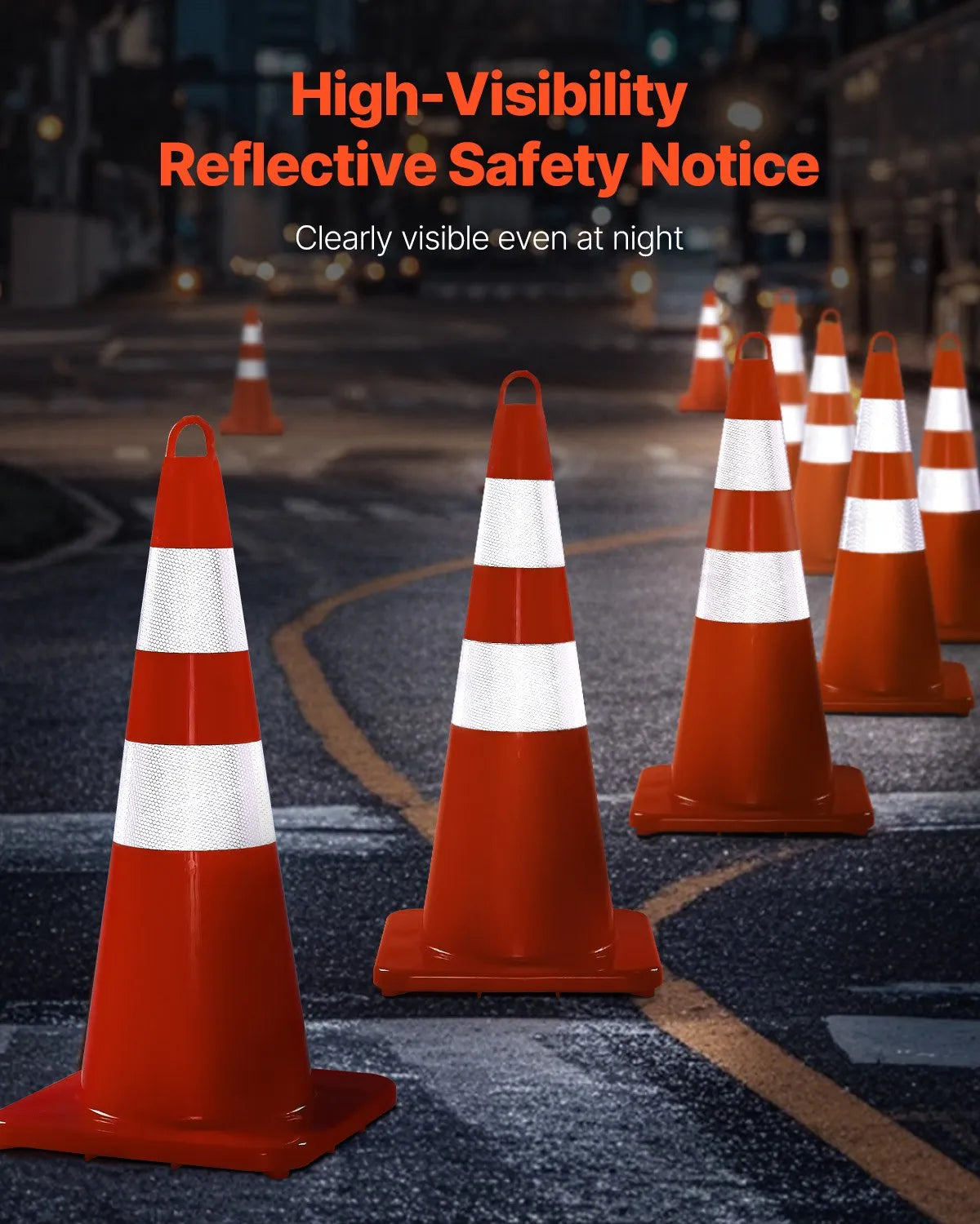 VEVOR Safety Cones, 12 x 28" Traffic Cones, PVC Orange Construction Cones, 2 Reflective Collars Traffic Cones with Weighted Base and Hand-Held Ring Used for Traffic Control, Driveway Road Parking