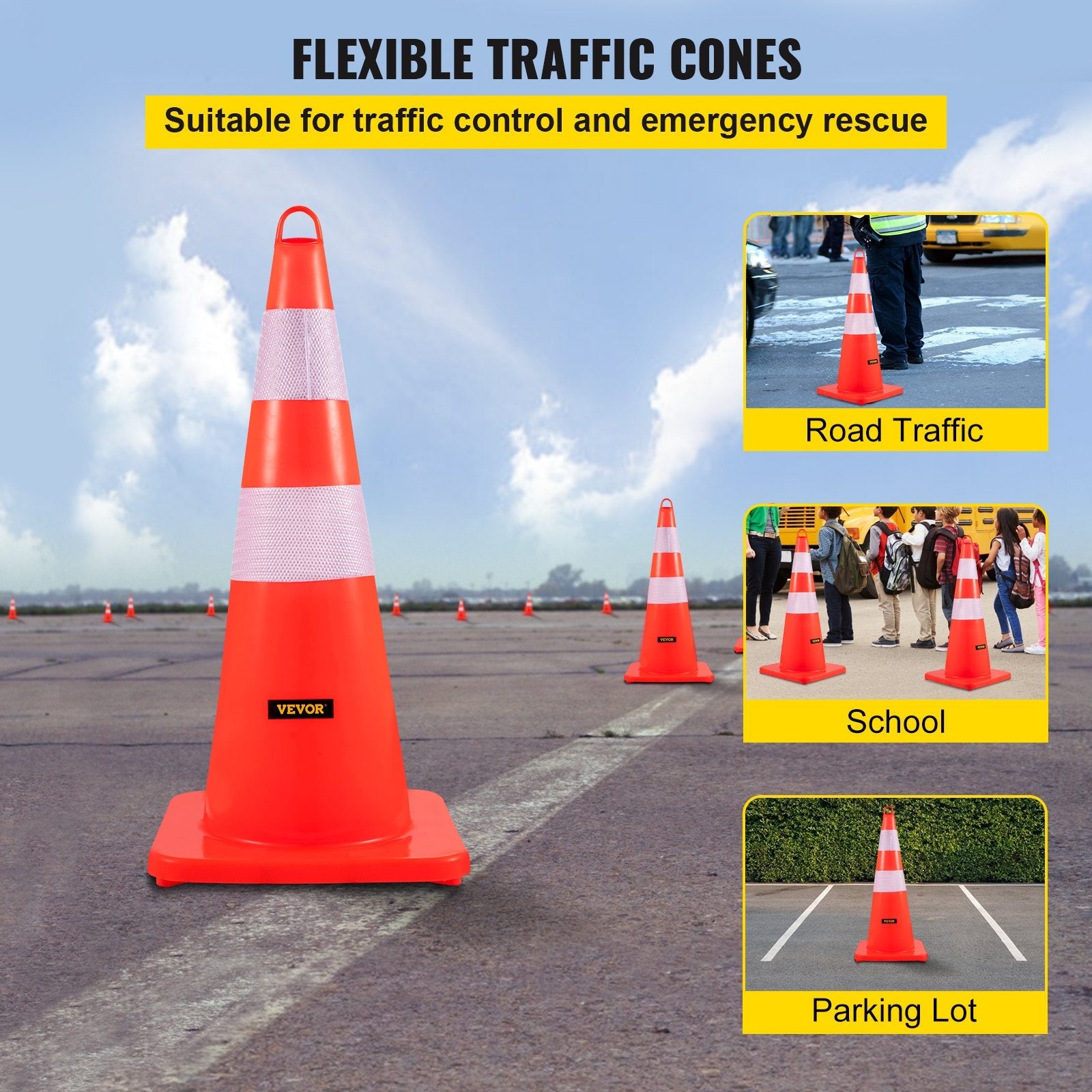 VEVOR Safety Cones Traffic Cones 6 x 28" Orange Reflective Collars Road Cones 