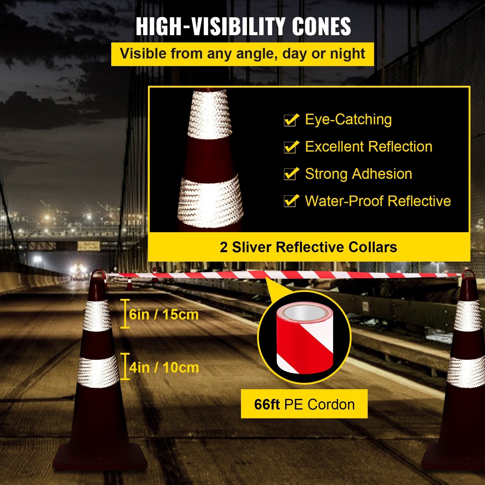 VEVOR Safety Cones Traffic Cones 6 x 28" Orange Reflective Collars Road Cones 