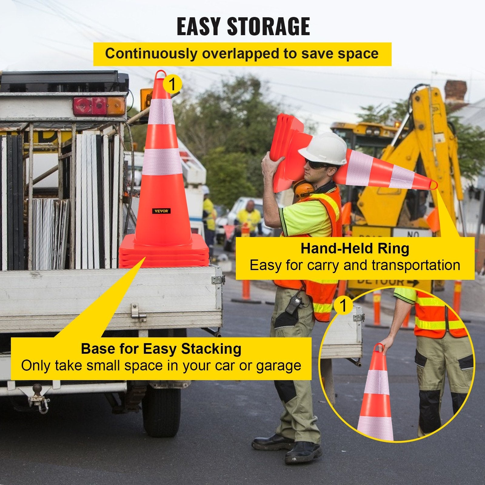 VEVOR Safety Cones Traffic Cones 6 x 28" Orange Reflective Collars Road Cones 
