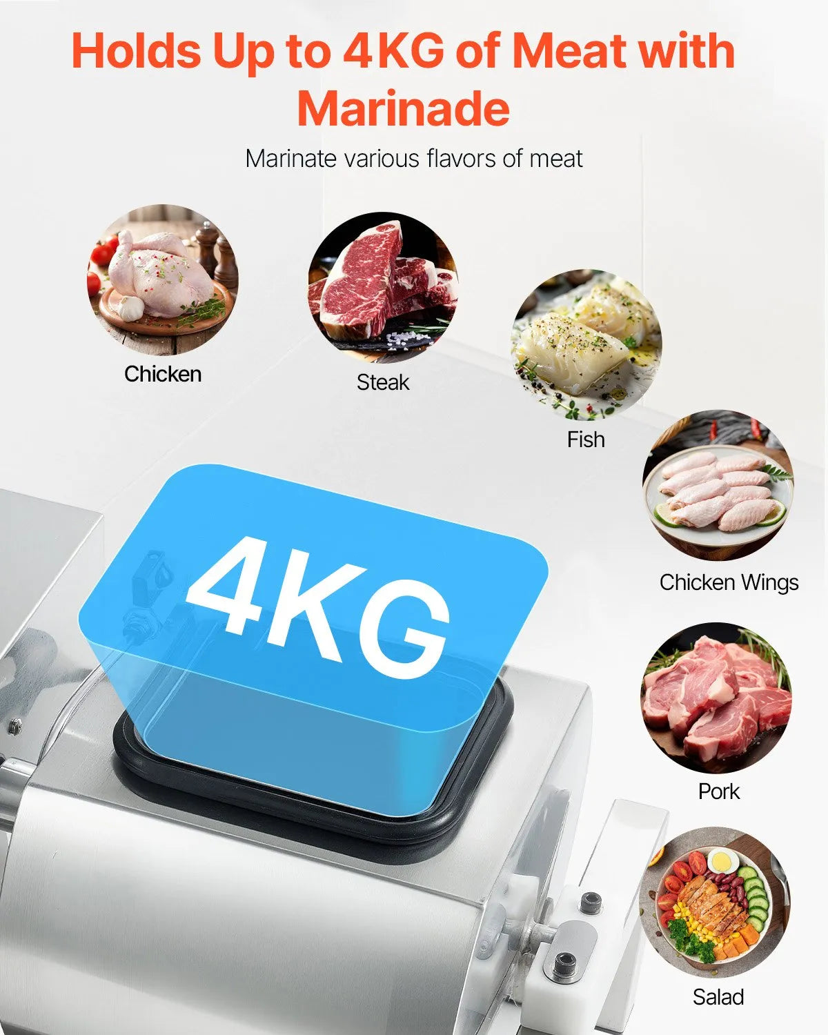 VEVOR Vacuum Meat Tumbler Marinator Machine 10L for Chicken Fish Stainless Steel