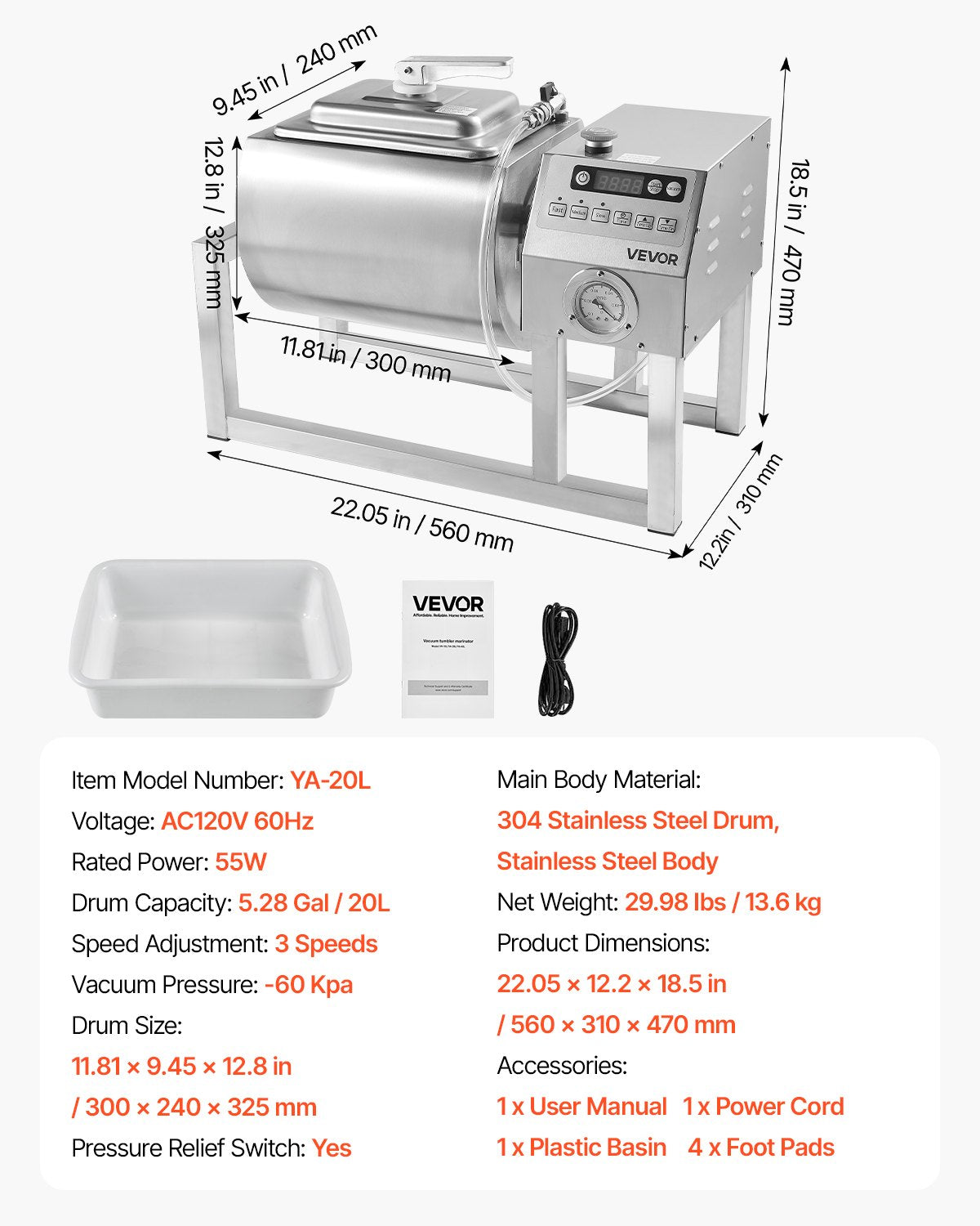 VEVOR Vacuum Meat Tumbler Marinator Machine 20L for Chicken Steak Commercial 