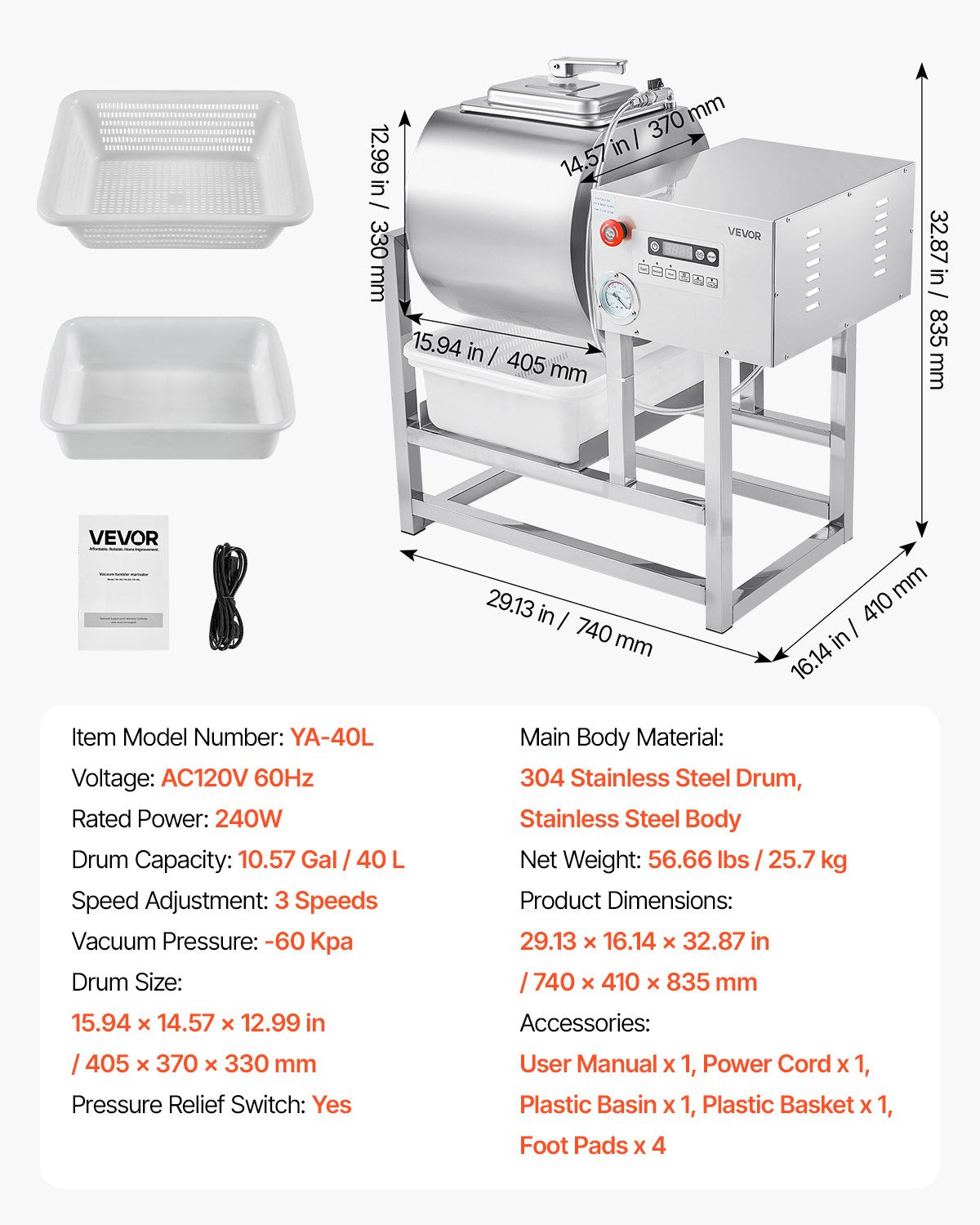 VEVOR Vacuum Meat Tumbler Marinator Machine 40L for Chicken Steak Commercial 