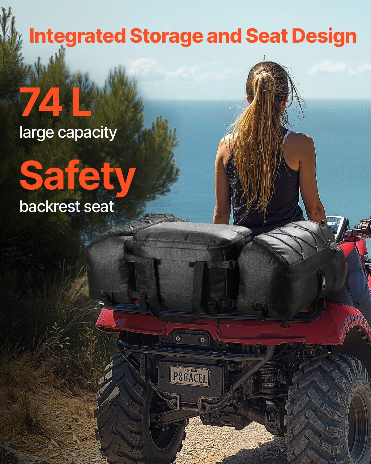 VEVOR 74L ATV Rear Storage Bag 600D Oxford Cloth Rear Cargo Bag & Sponge Cushion 