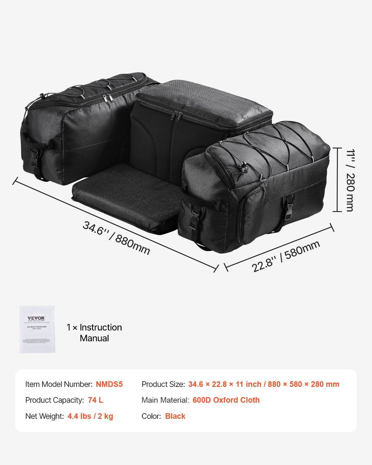 VEVOR 74L ATV Rear Storage Bag 600D Oxford Cloth Rear Cargo Bag & Sponge Cushion 