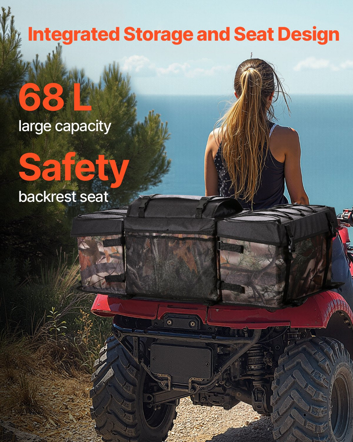 VEVOR 68L ATV Rear Storage Bag 600D Oxford Cloth Rear Cargo Bag & Sponge Cushion 