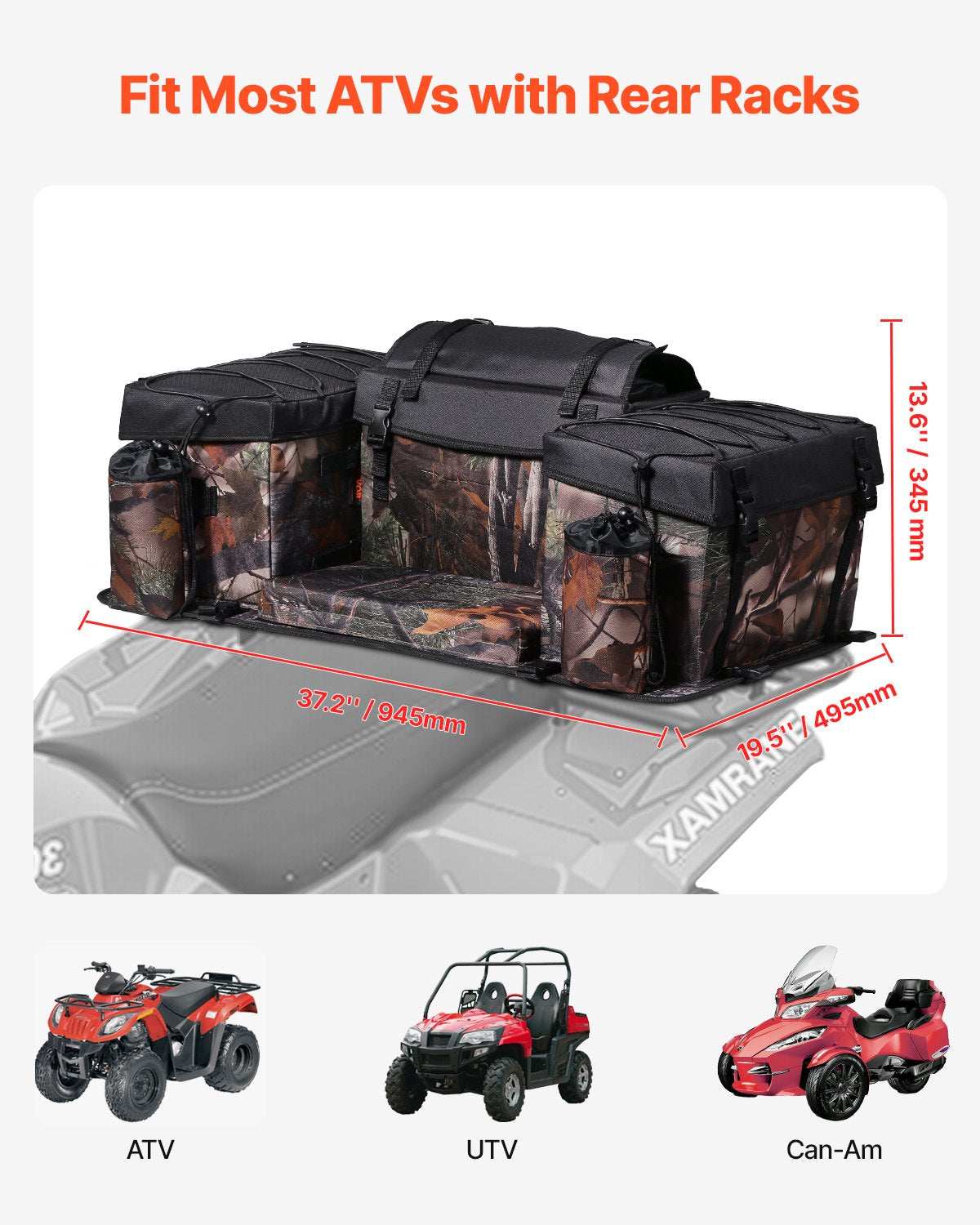 VEVOR 68L ATV Rear Storage Bag 600D Oxford Cloth Rear Cargo Bag & Sponge Cushion 