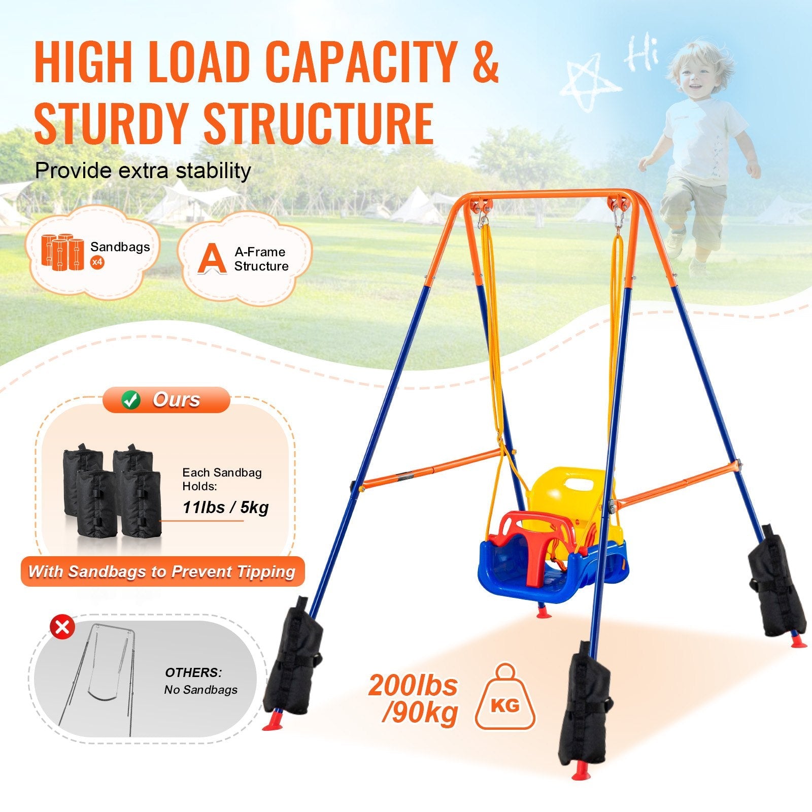 VEVOR Swing Sets for Backyard 3 in 1 Toddler Swing Set with 4 Sandbags Foldable 