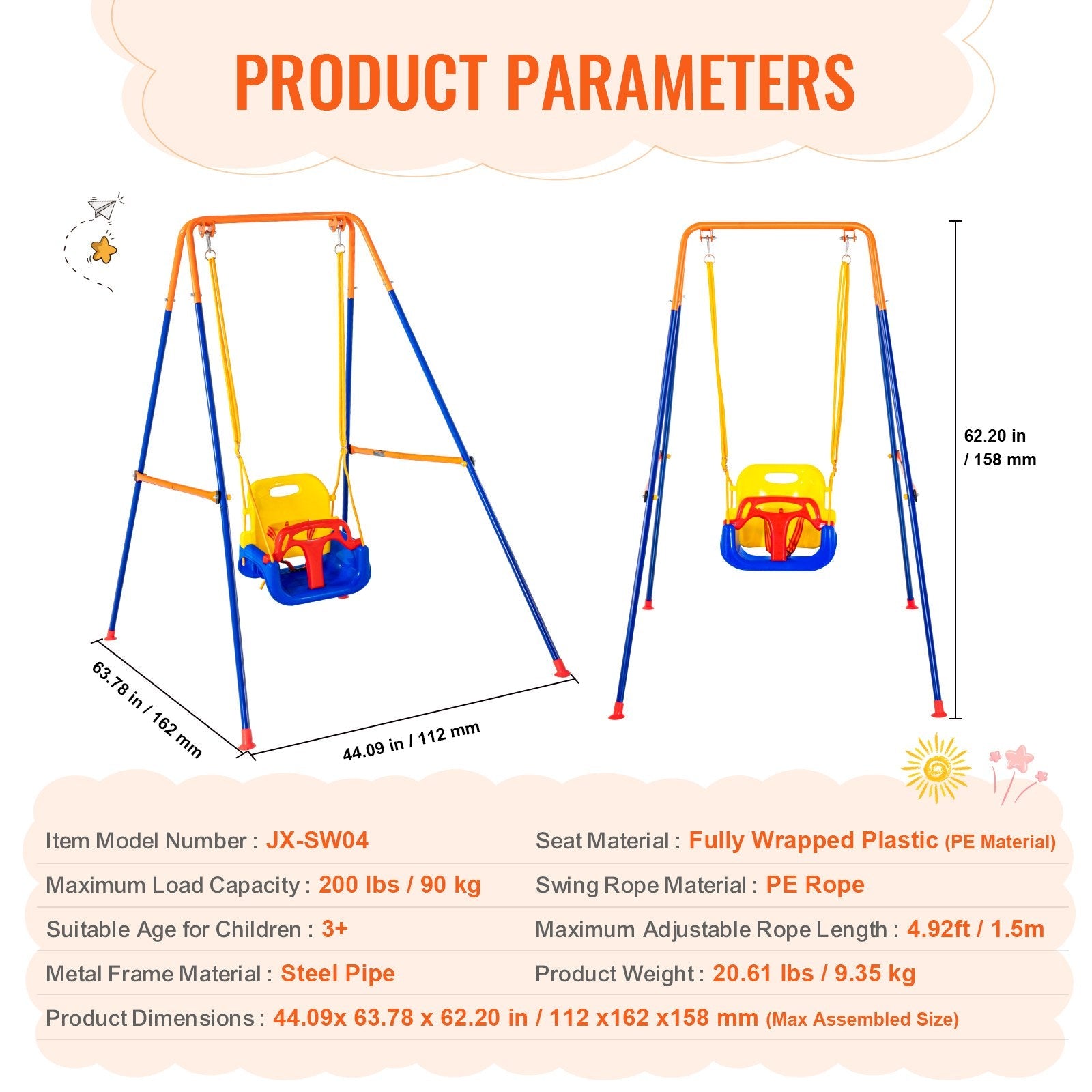 VEVOR Swing Sets for Backyard 3 in 1 Toddler Swing Set with 4 Sandbags Foldable 