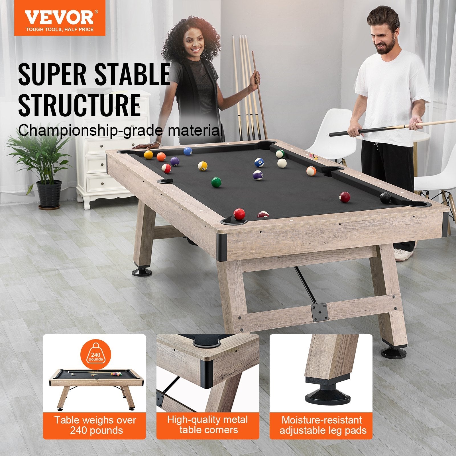VEVOR Billiards Table, 7 ft Pool Table, Adjust Legs Stable Billiards Table, Pool Table Set Includes Balls, Cues, Chalks and Brush, Wood Color with Black Cloth, Perfect for Family Game Room Kids Adults 