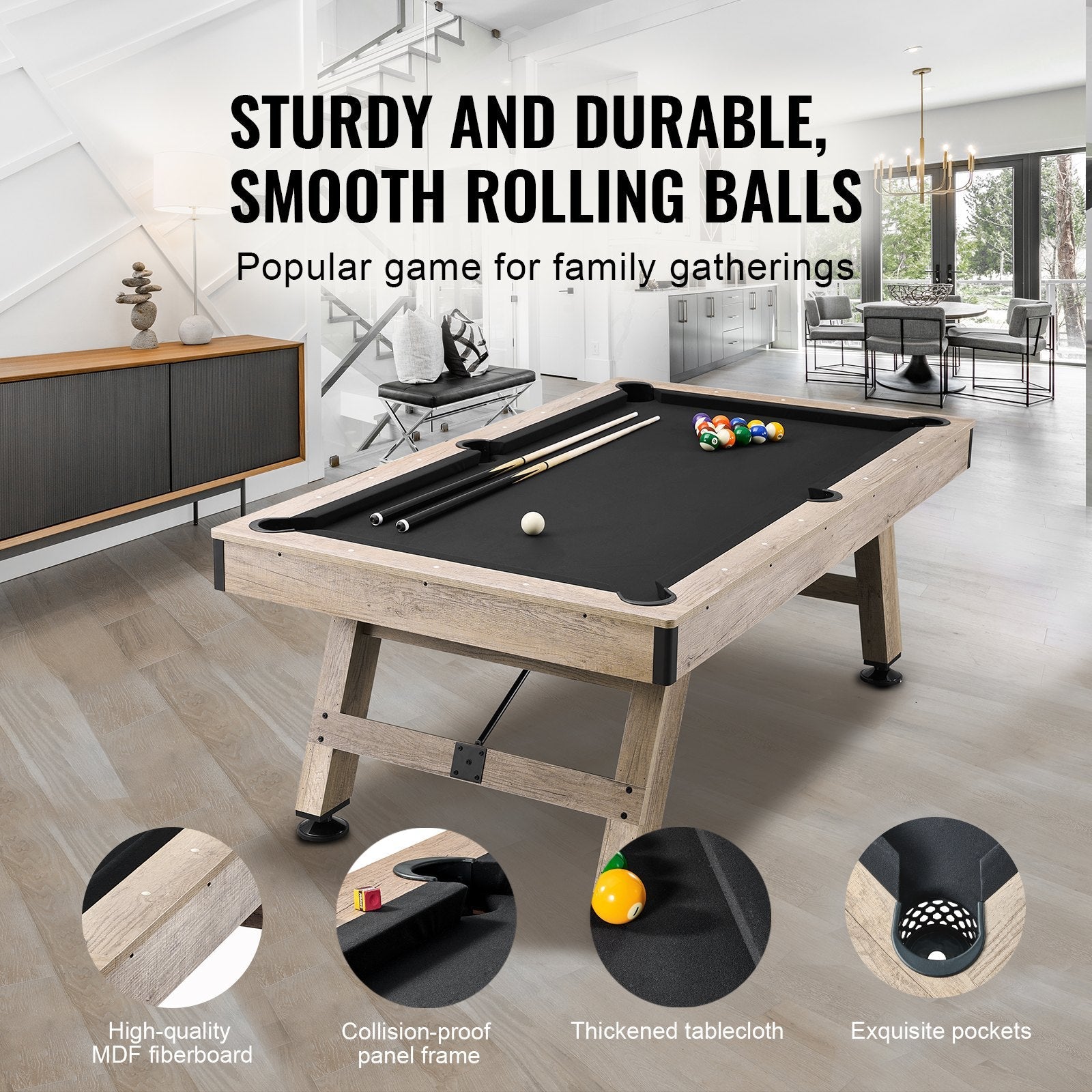 VEVOR Billiards Table, 7 ft Pool Table, Adjust Legs Stable Billiards Table, Pool Table Set Includes Balls, Cues, Chalks and Brush, Wood Color with Black Cloth, Perfect for Family Game Room Kids Adults 