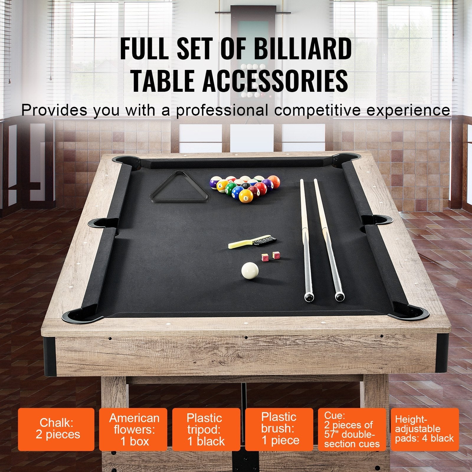VEVOR Billiards Table, 7 ft Pool Table, Adjust Legs Stable Billiards Table, Pool Table Set Includes Balls, Cues, Chalks and Brush, Wood Color with Black Cloth, Perfect for Family Game Room Kids Adults 