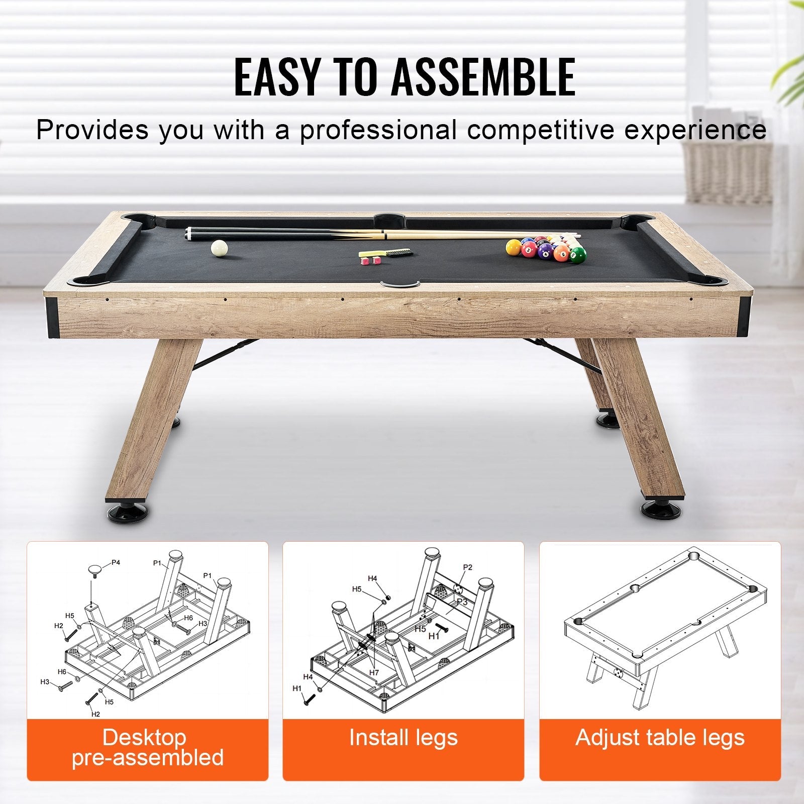 VEVOR Billiards Table, 7 ft Pool Table, Adjust Legs Stable Billiards Table, Pool Table Set Includes Balls, Cues, Chalks and Brush, Wood Color with Black Cloth, Perfect for Family Game Room Kids Adults 