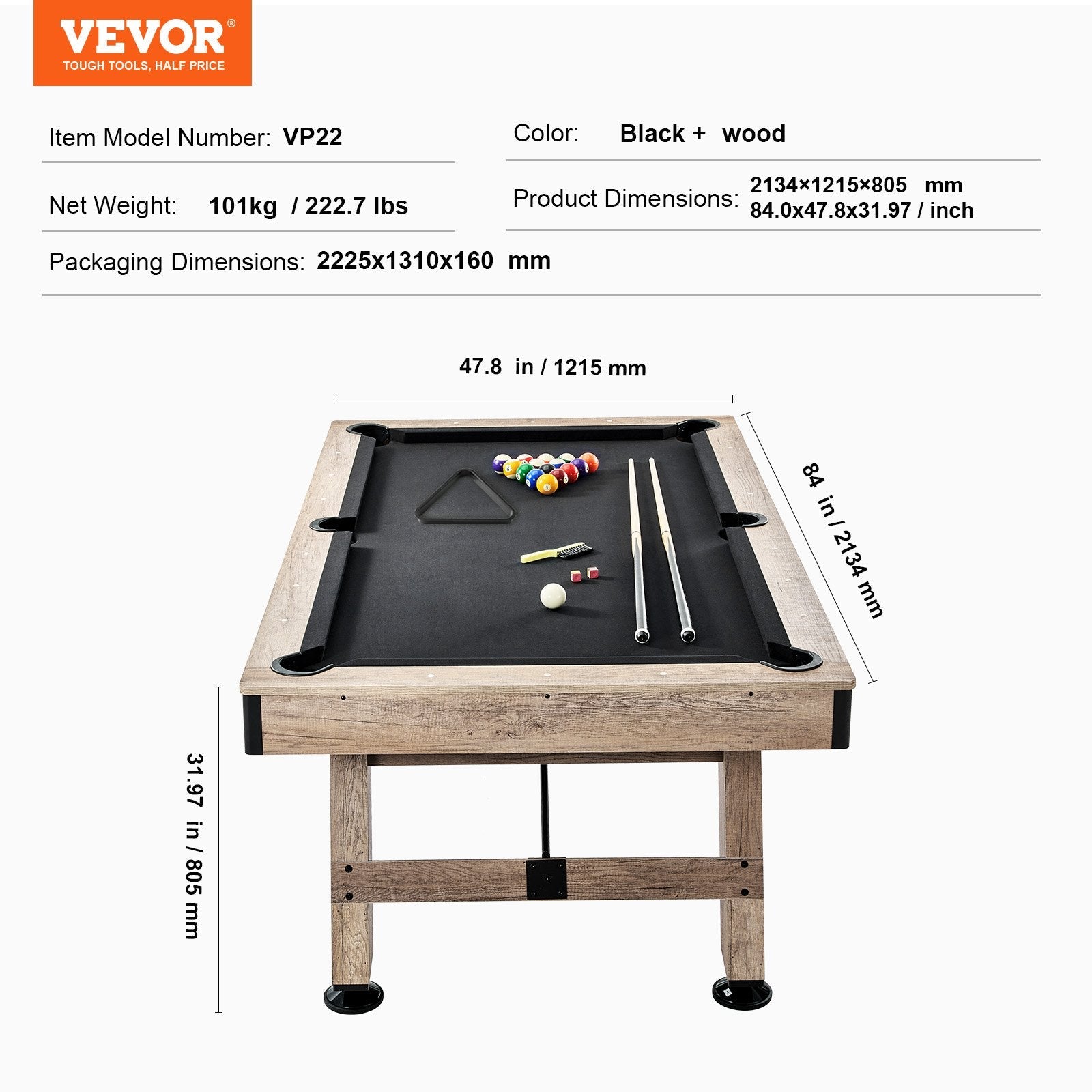 VEVOR Billiards Table, 7 ft Pool Table, Adjust Legs Stable Billiards Table, Pool Table Set Includes Balls, Cues, Chalks and Brush, Wood Color with Black Cloth, Perfect for Family Game Room Kids Adults 